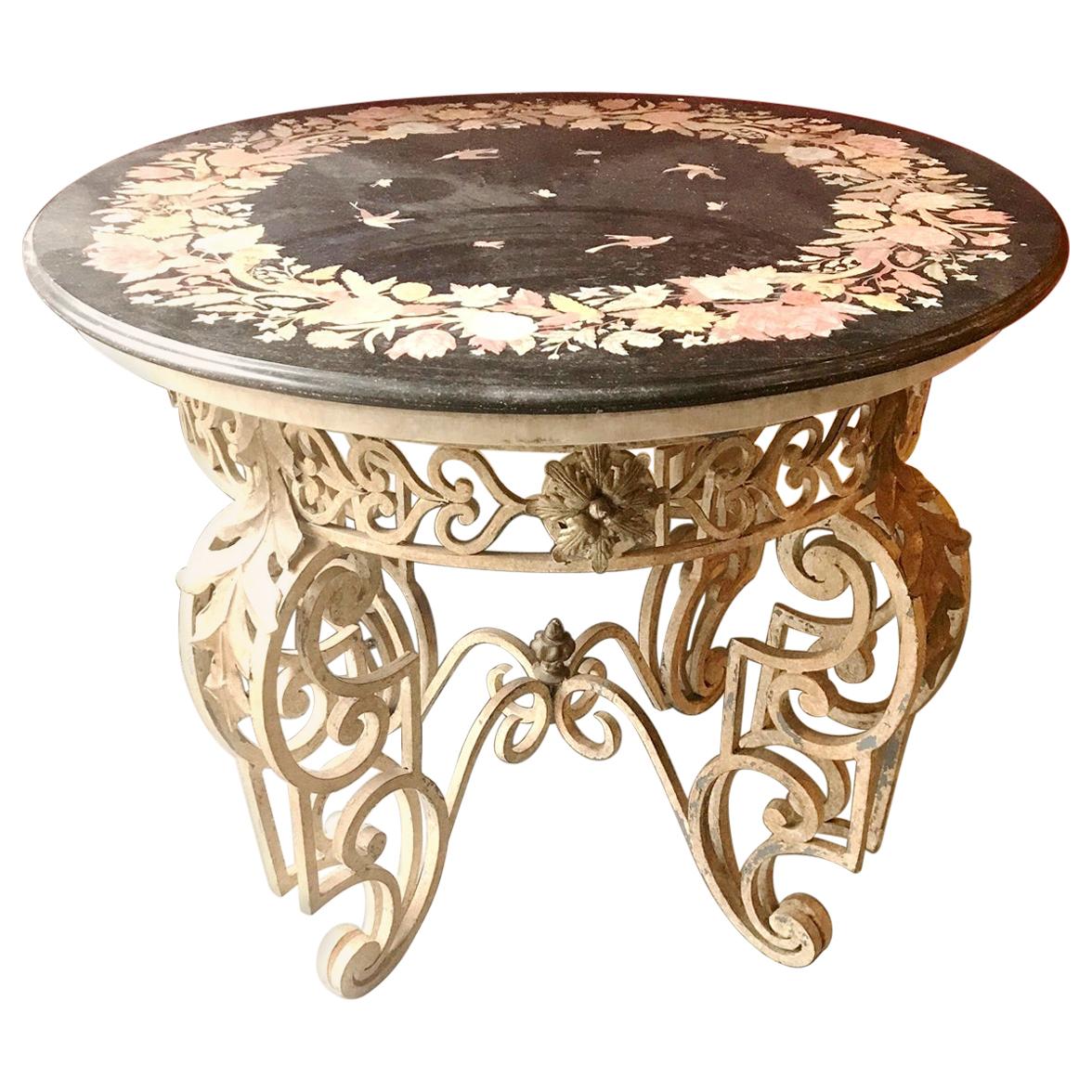 Patio Iron Table with Inlaid Marble Top