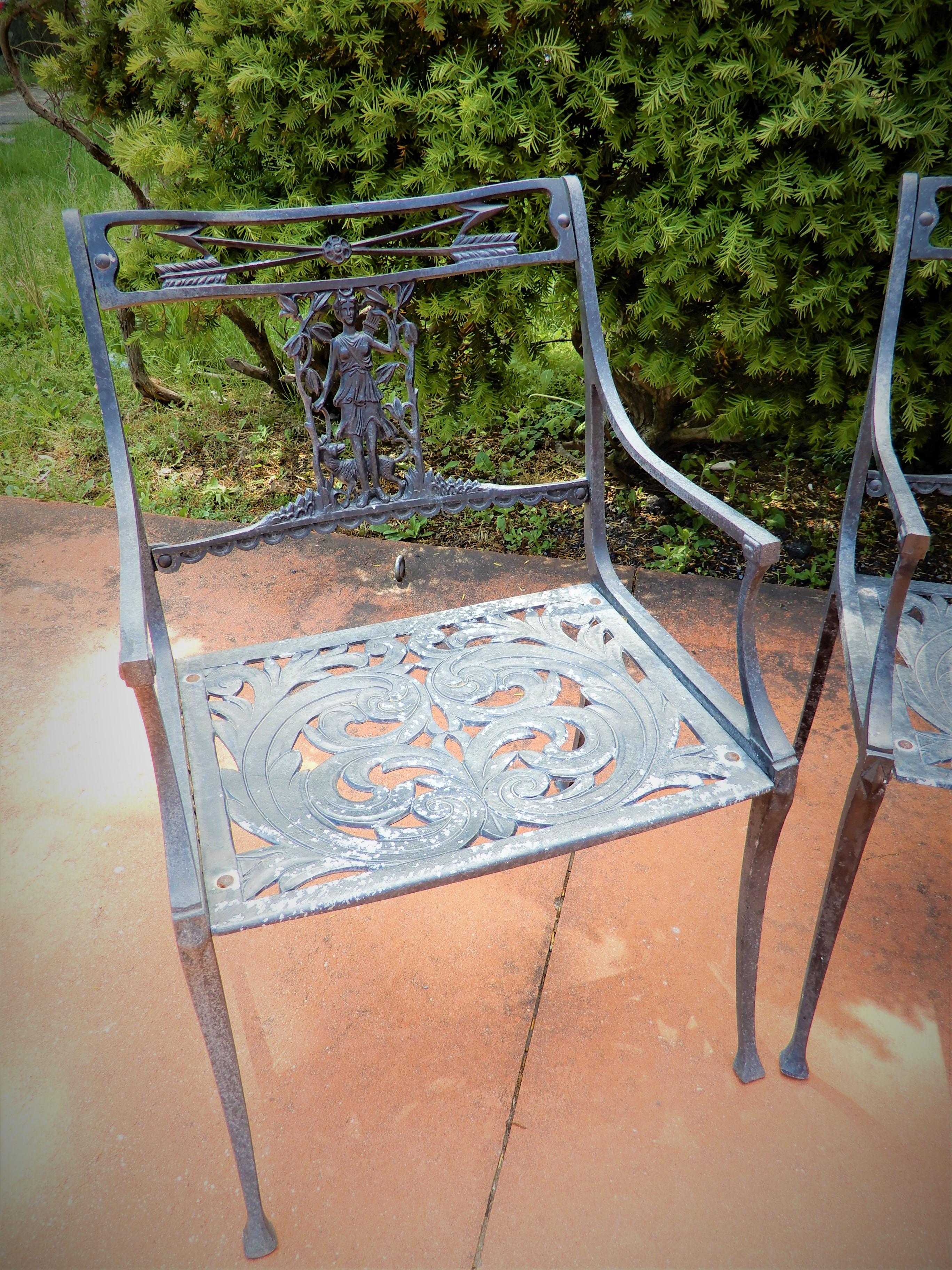 A 3 piece Diana the Huntress bench and 2 armchairs by Molla in cast aluminum. The set is in original condition with paint loss in some areas. the set is comfortable and structurally sound. The bench is 43