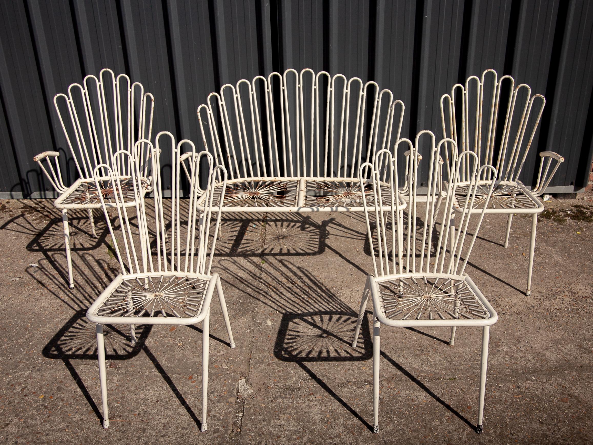 Country Patio set Wrought Iron White Painted Metal Bistro Chairs and Sofa, France 1950s For Sale
