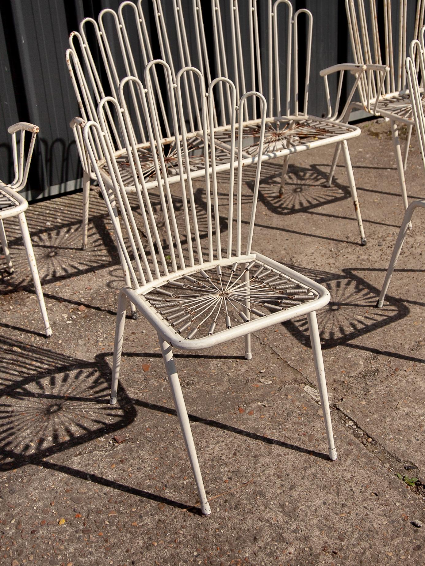 French Patio set Wrought Iron White Painted Metal Bistro Chairs and Sofa, France 1950s For Sale