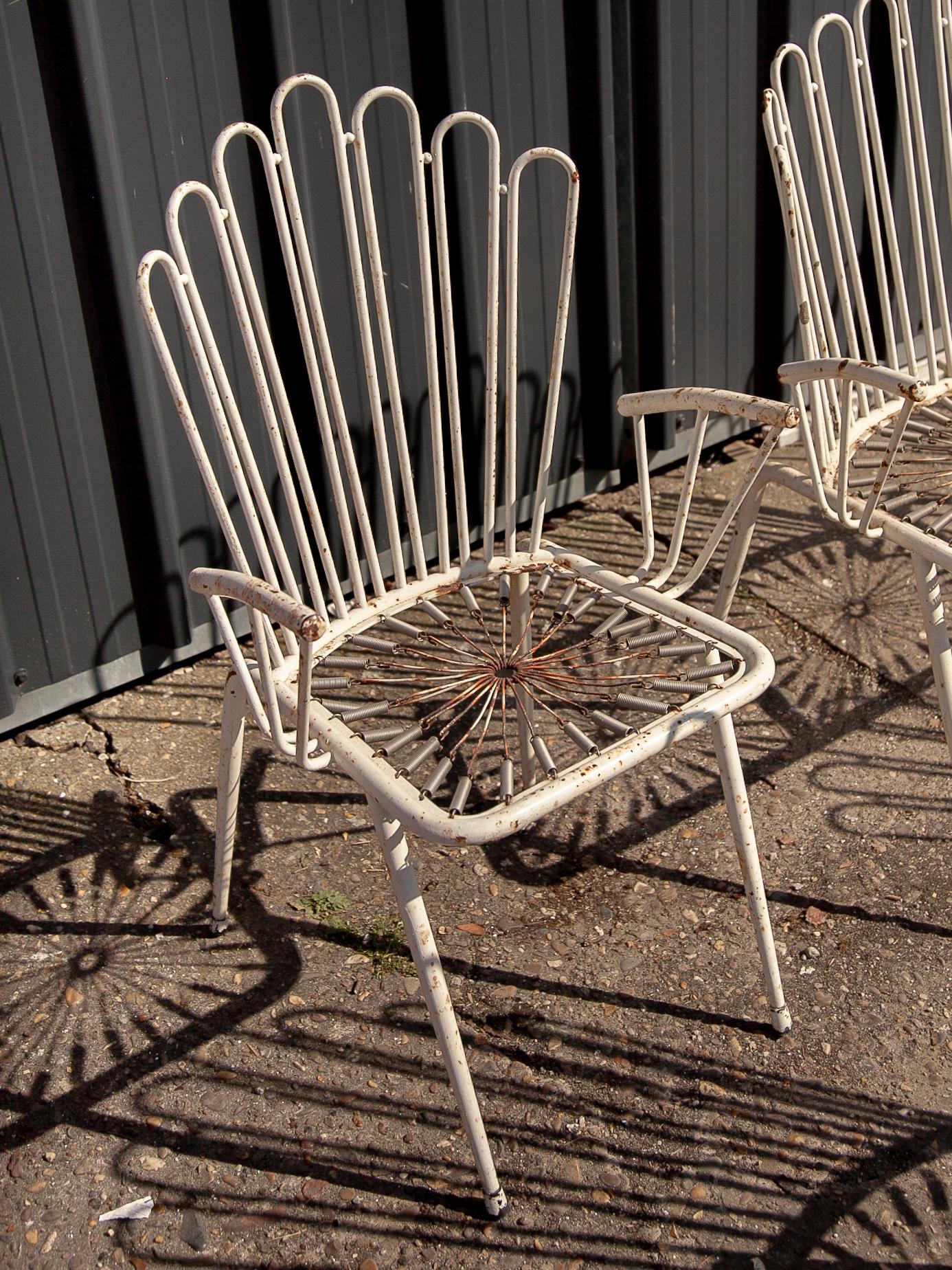 Hand-Crafted Patio set Wrought Iron White Painted Metal Bistro Chairs and Sofa, France 1950s For Sale