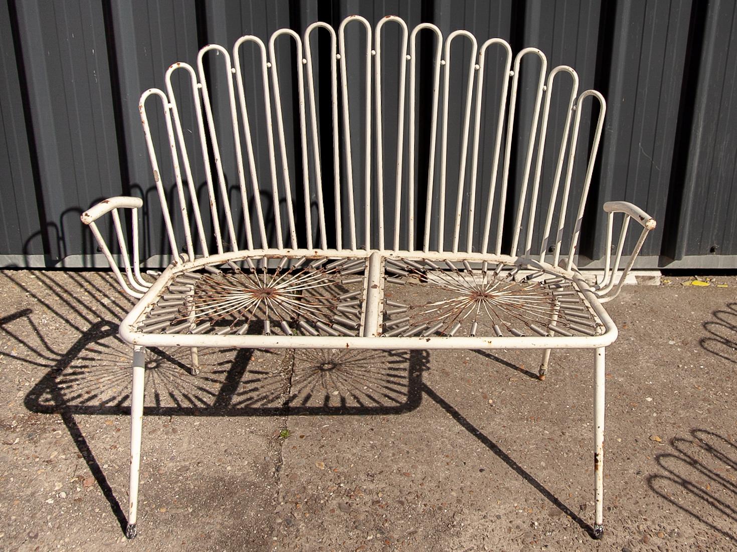 Mid-20th Century Patio set Wrought Iron White Painted Metal Bistro Chairs and Sofa, France 1950s For Sale