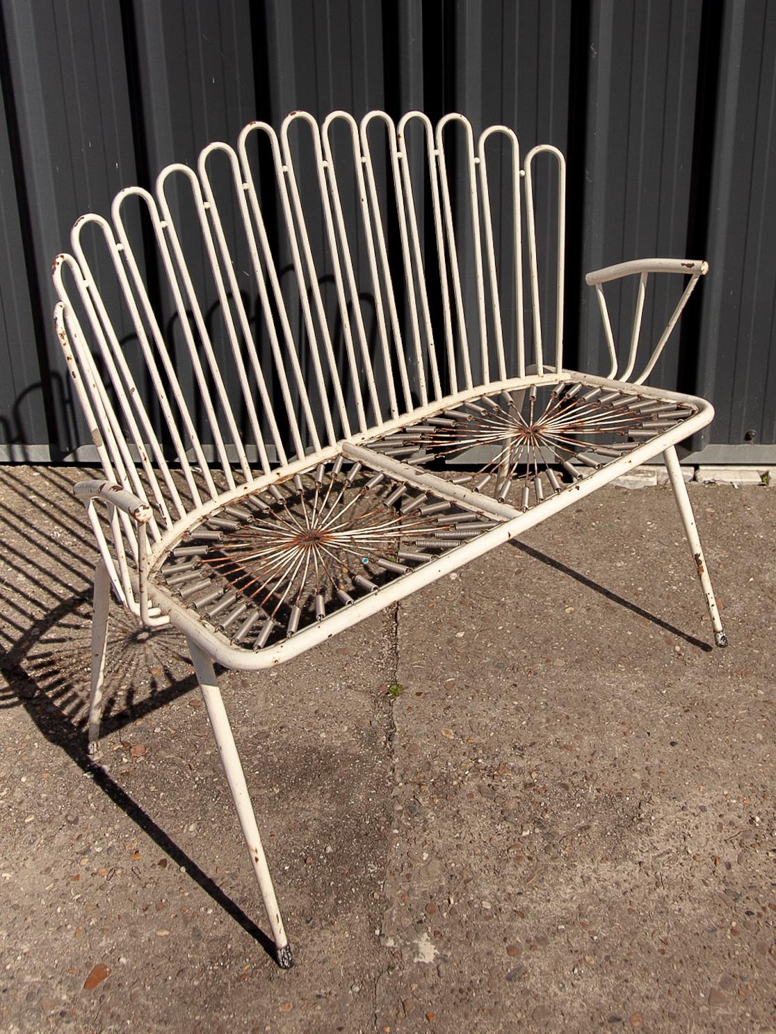 Patio set Wrought Iron White Painted Metal Bistro Chairs and Sofa, France 1950s For Sale 1