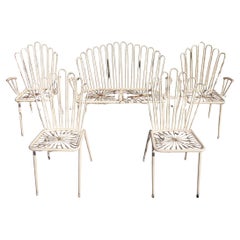 Vintage Patio set Wrought Iron White Painted Metal Bistro Chairs and Sofa, France 1950s