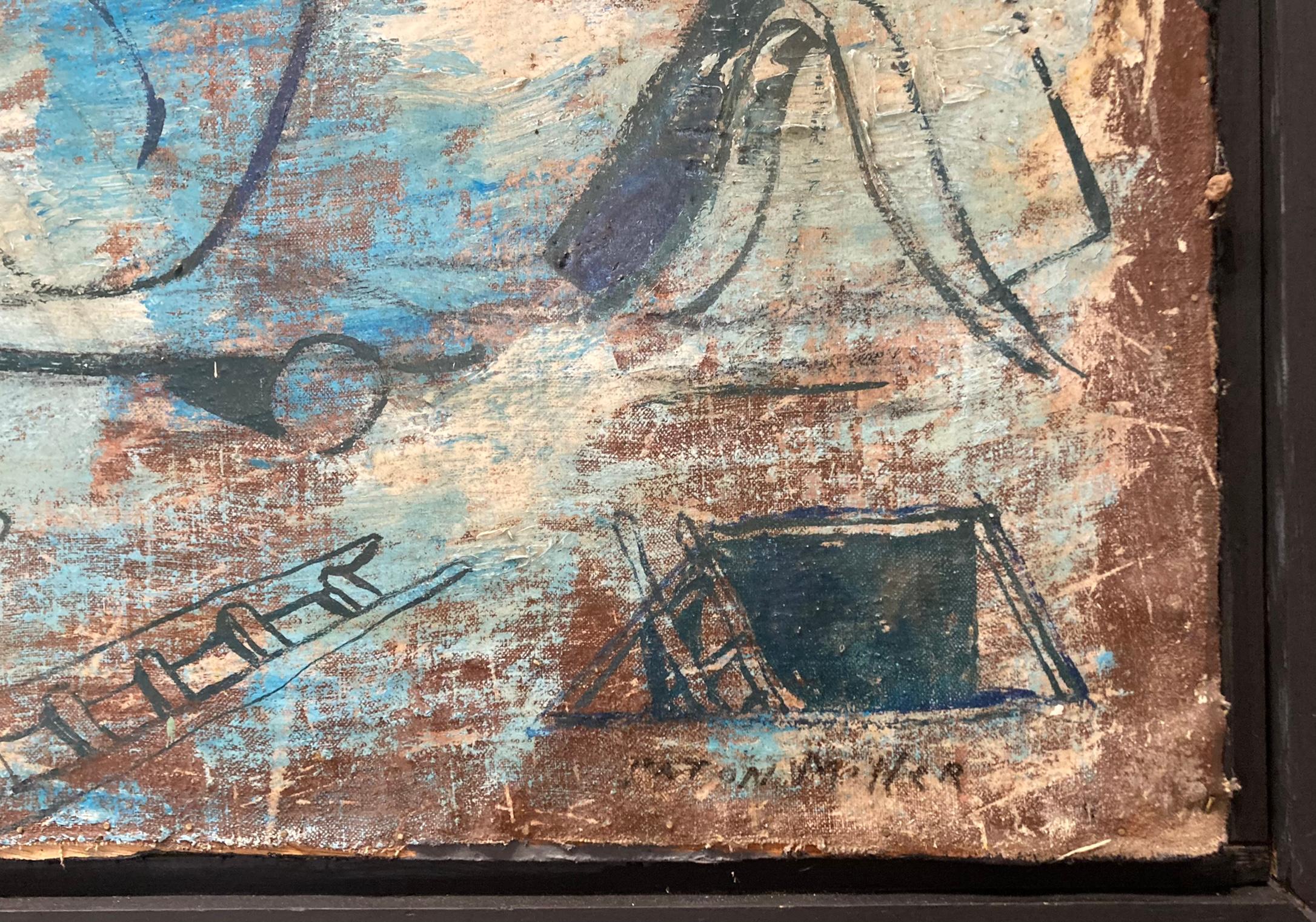 Ein Gemälde in Mischtechnik, das einen sitzenden Mann mit Tätowierungen zeigt. In 