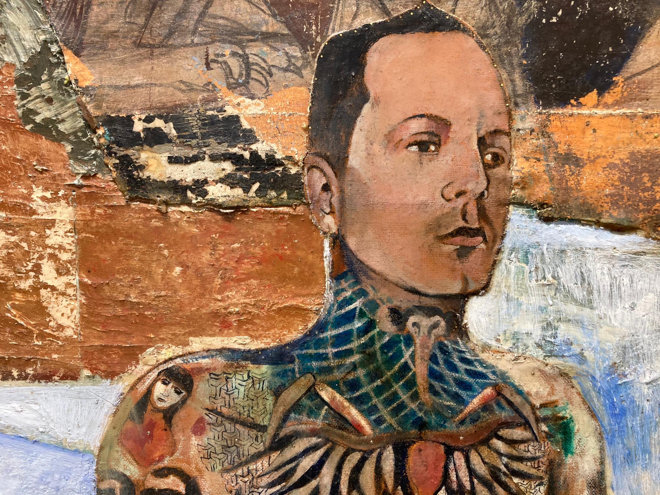 A mixed media painting showing a seated man with tattoos. In “Illustrated Man” we see a single figure, covered in tattoos; portraits, designs, and patterns coat the man's skin from torso to fingertips. His face remains pure, unscathed from any ink