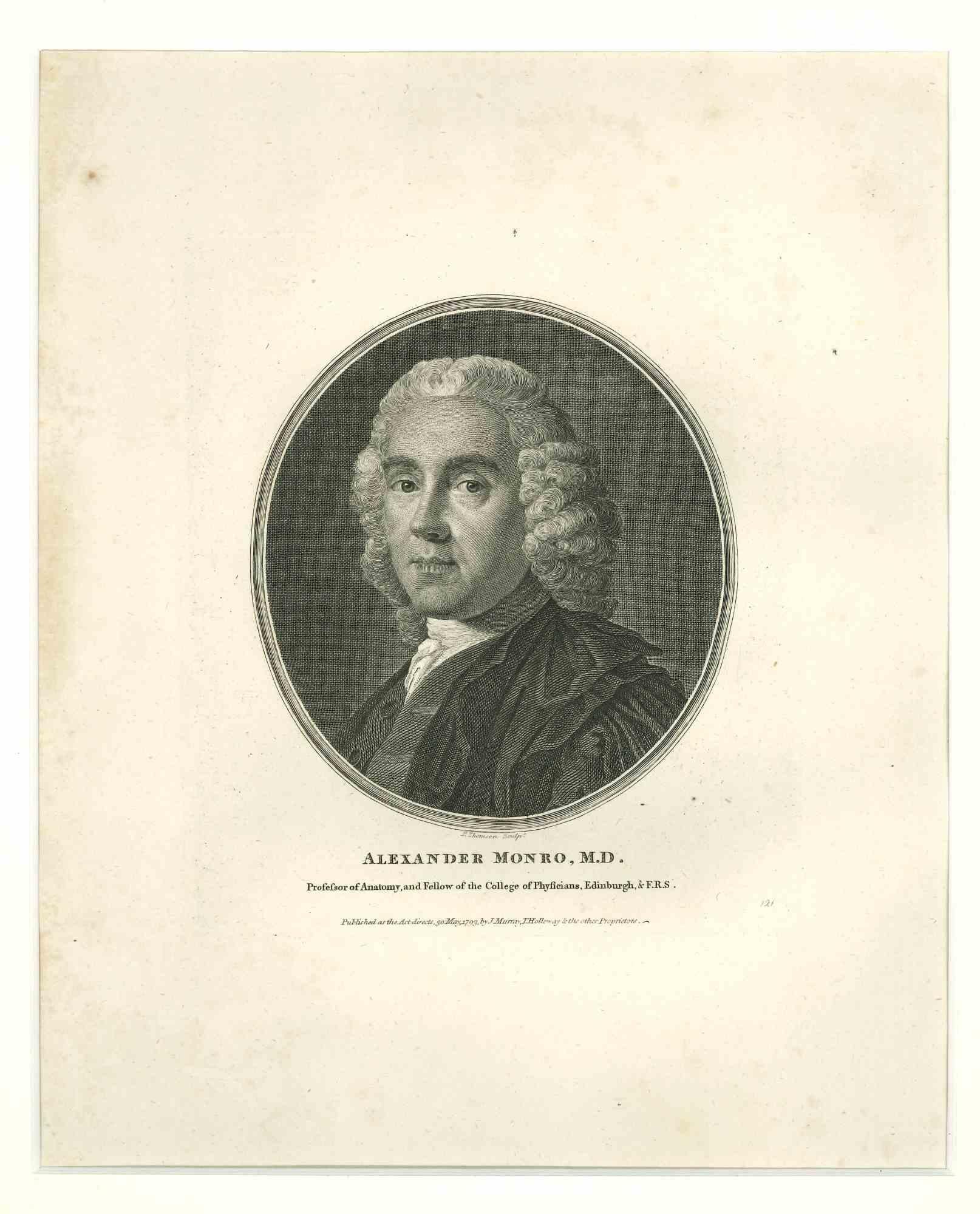Das Porträt von Alexander Monro ist eine Originalradierung von P. Thomson aus dem Jahr 1793.

Guter Zustand, montiert auf einem weißen Passepartout aus Karton (49x34 cm).

Das Porträt stellt Alexander Monro, Professor für Anatomie am Edinburgh