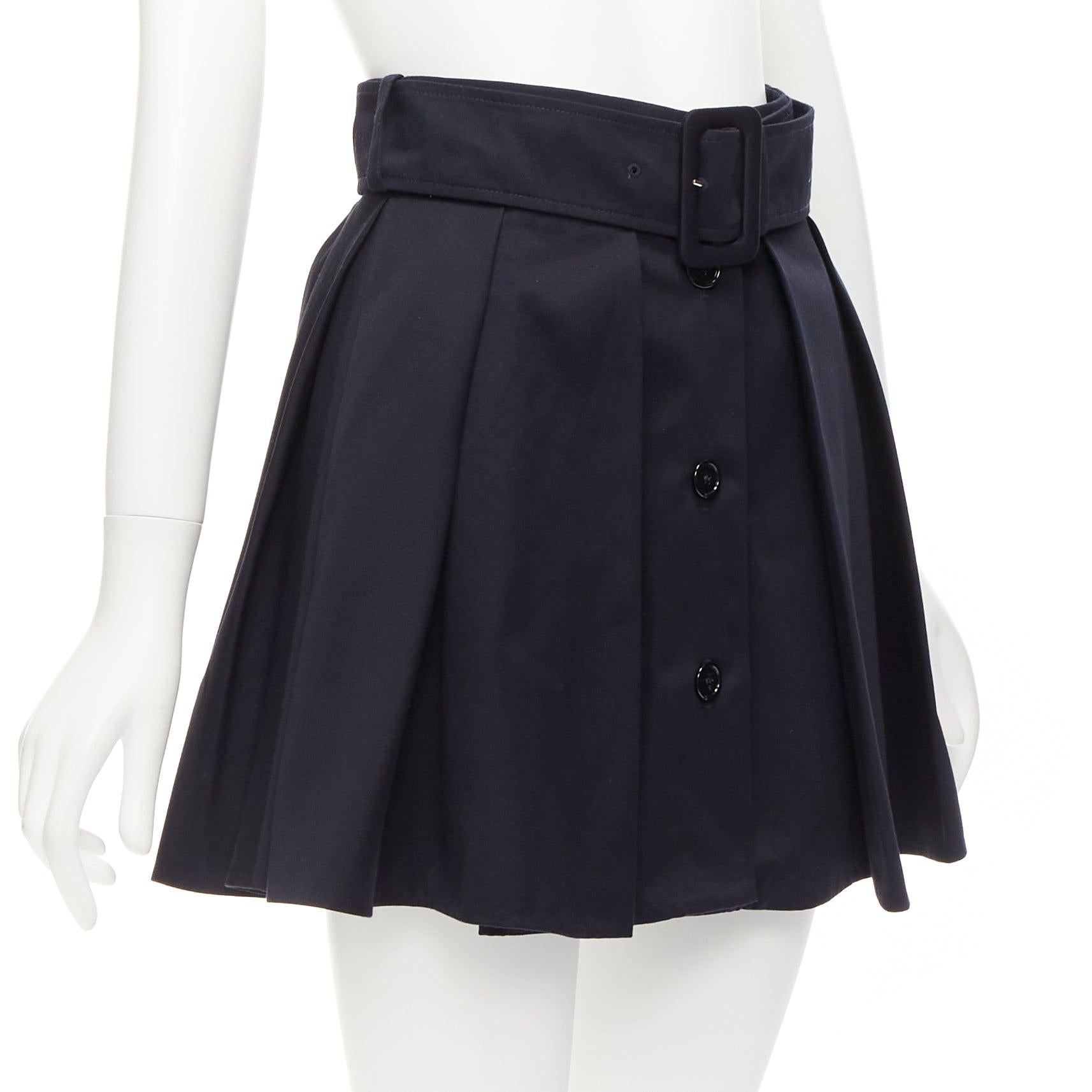 PATOU black 100% cotton button down box pleat belted mini skirt FR34 XS In Excellent Condition For Sale In Hong Kong, NT