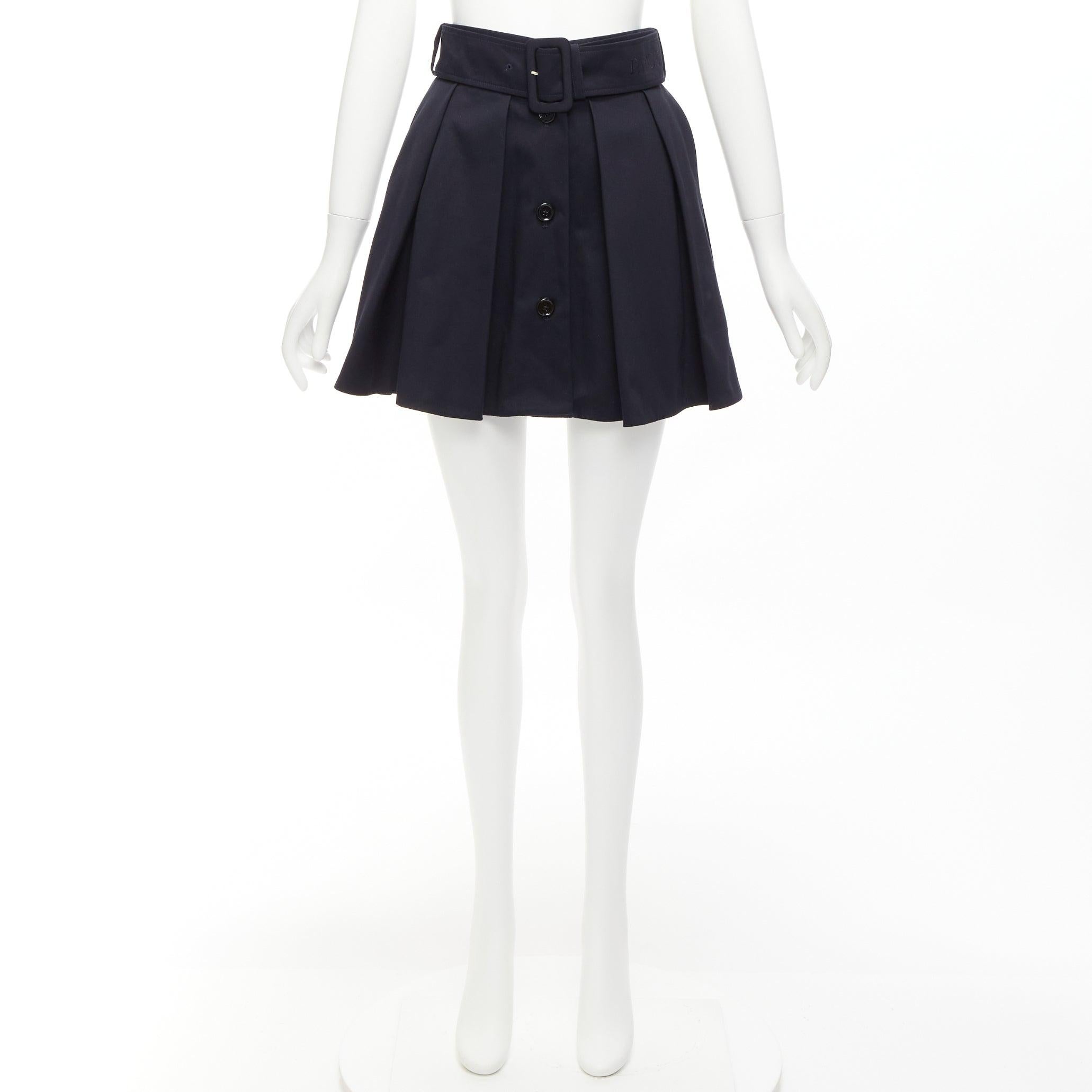 PATOU black 100% cotton button down box pleat belted mini skirt FR34 XS For Sale 5