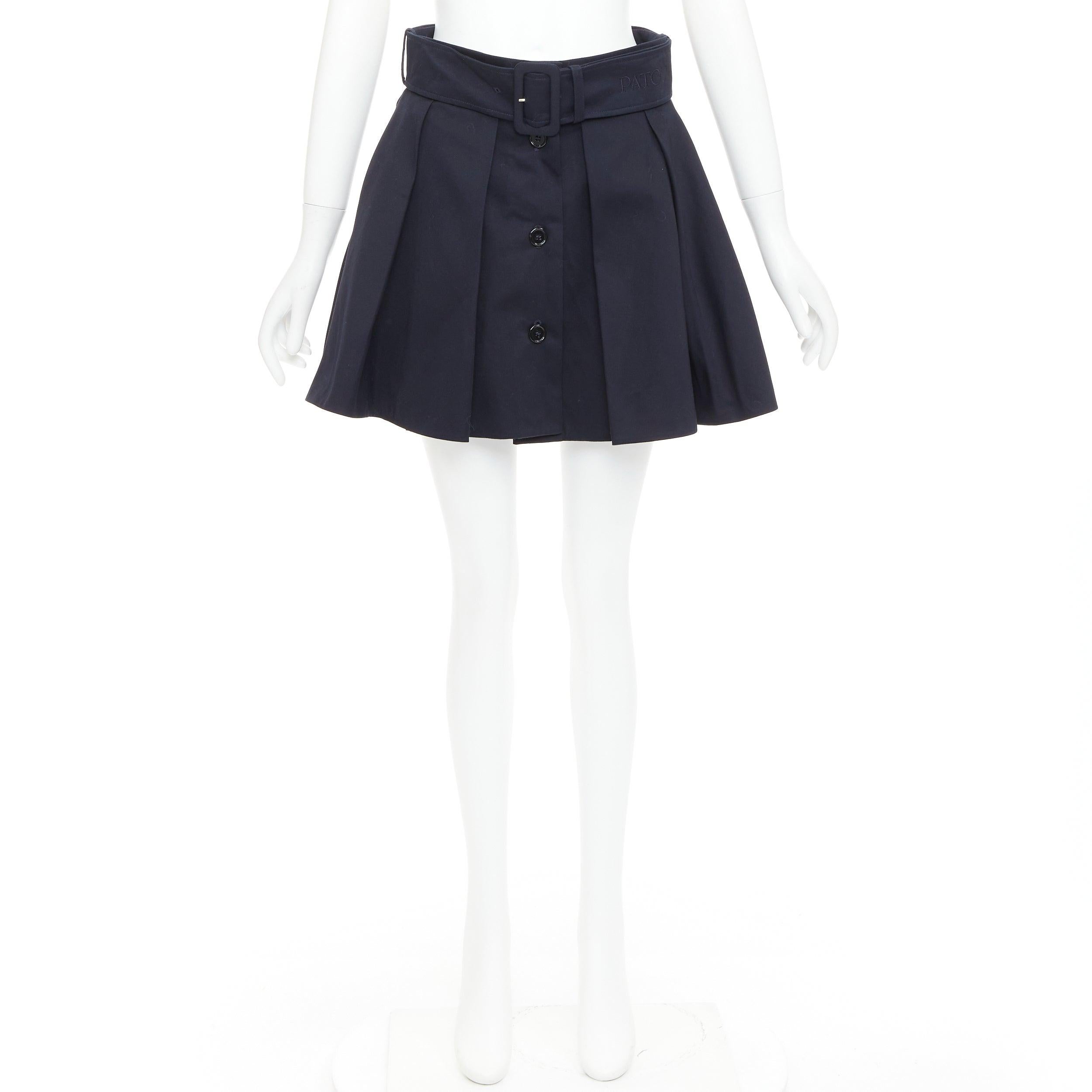 PATOU marineblauer Baumwoll-Kastenfaltenrock mit Gürtel und ausgestelltem Minirock FR38 M im Angebot 4
