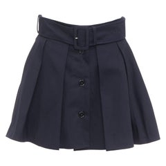 PATOU navy cotton front button box pleat belted flared mini skirt FR38 M