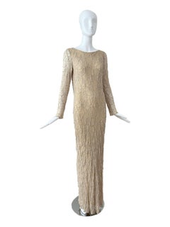 PATRIC CASEY Vintage Beige Hand-Beaded Backless Evening Gown Bridal Wedding