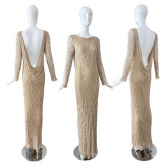PATRIC CASEY Vintage Beige Hand-Beaded Backless Evening Gown Bridal Wedding