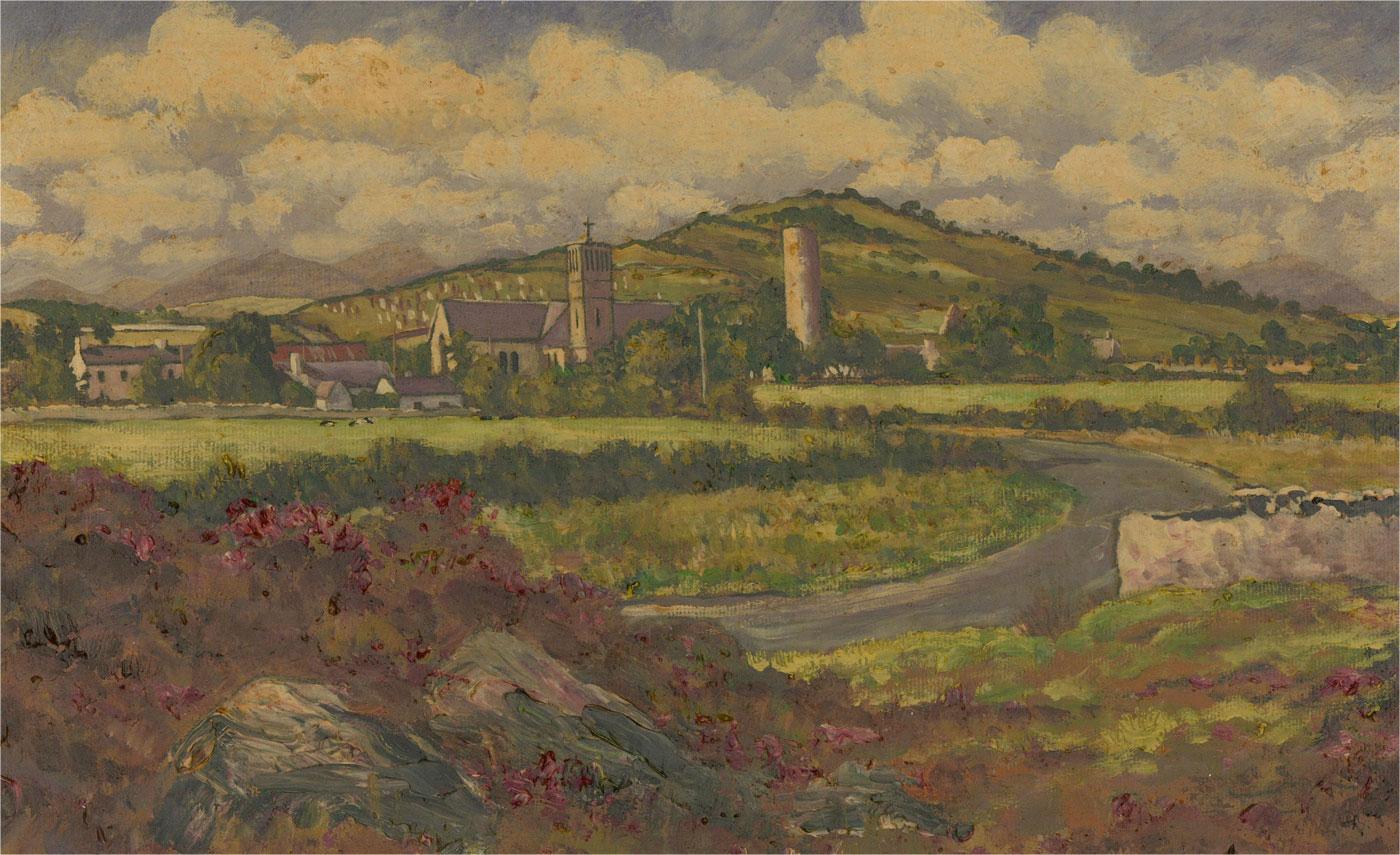 A wonderful oil painting of the village of Aughagower, situated in Westport, County Mayo, western Ireland. A river flows from the heather-filled foreground to the village in the middle distance. Aughagower Round Tower can be seen just right of