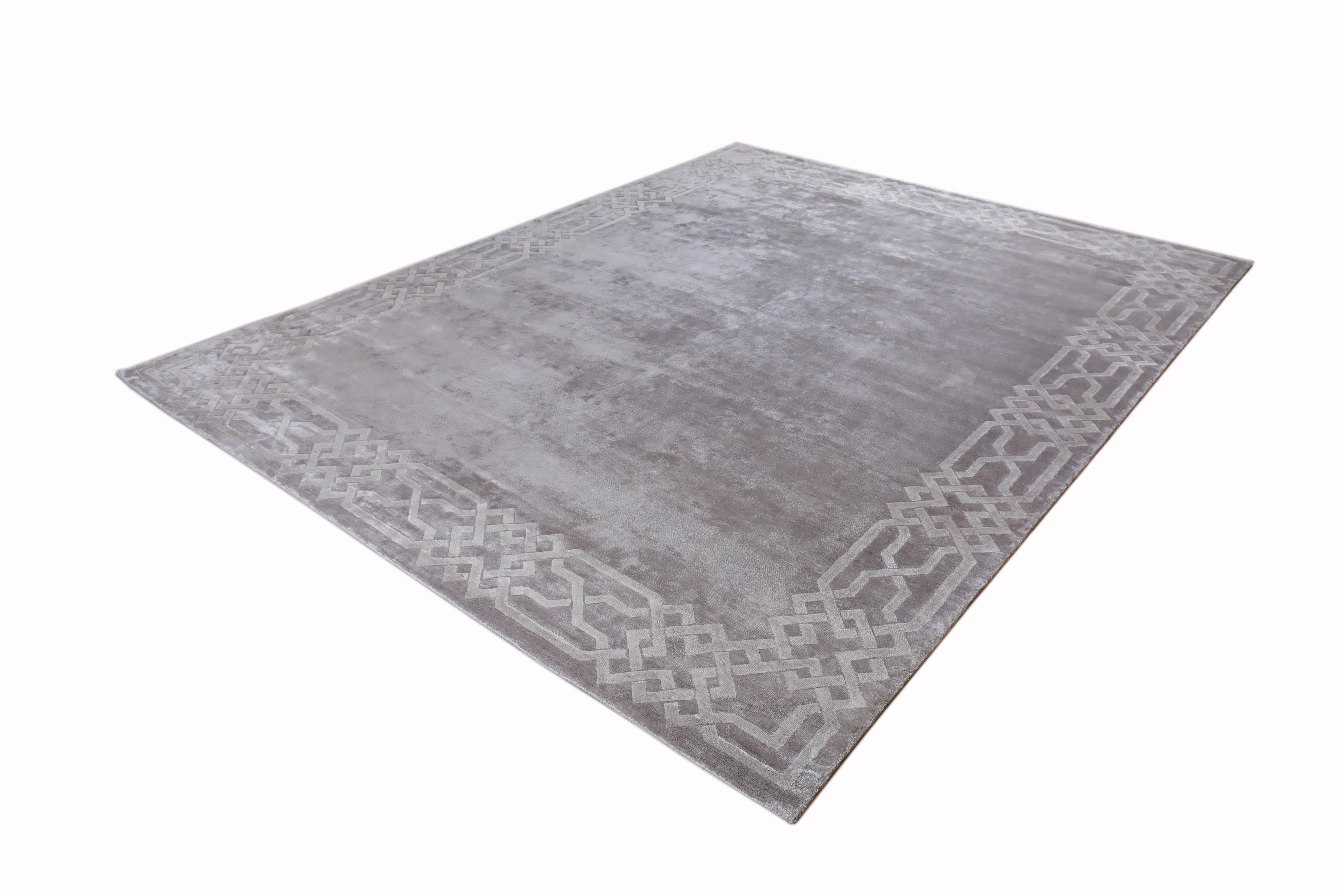 Other PATRICE Hand Knotted Transitional Silk Border Rug in Silver/Grey Colour By Hands For Sale