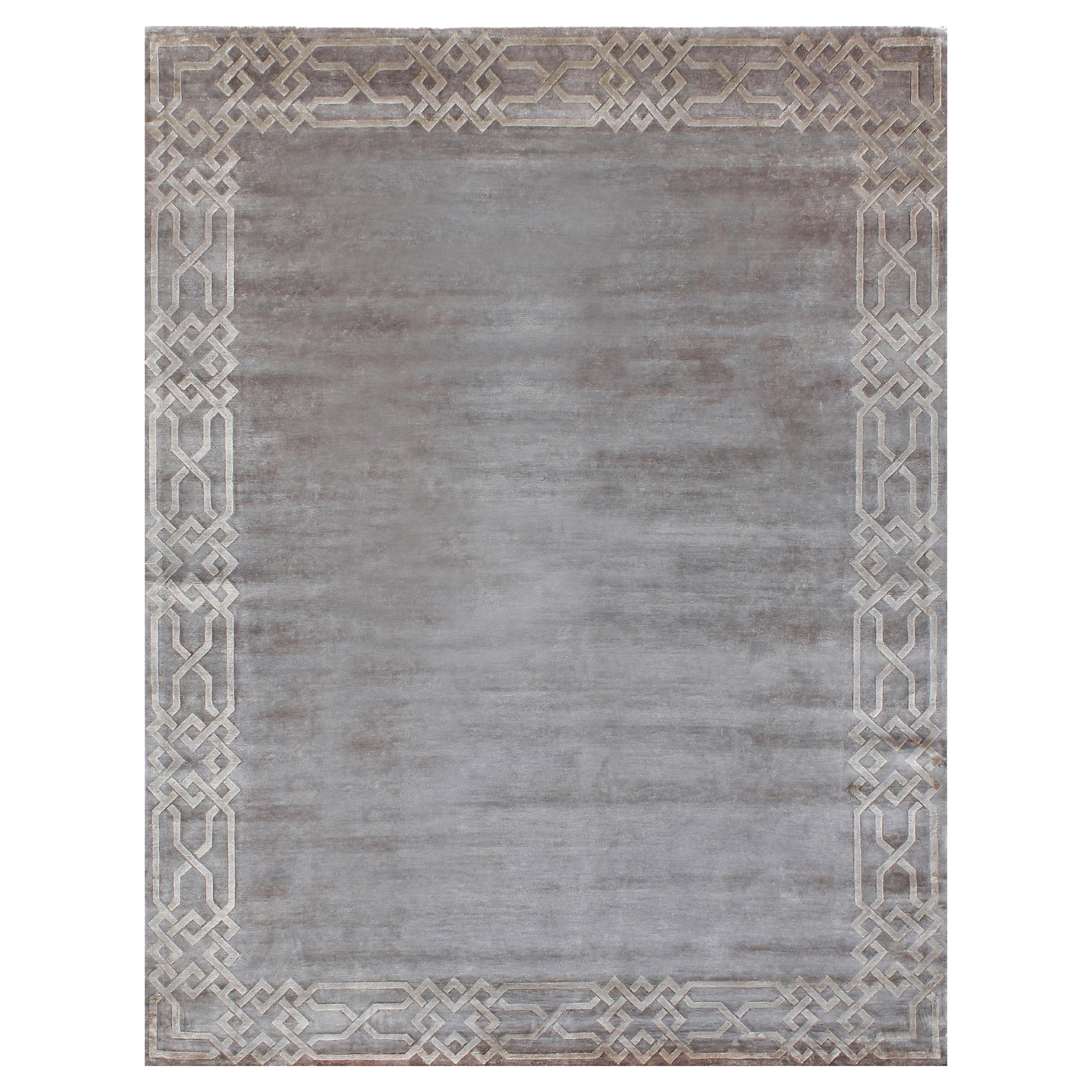 PATRICE Hand Knotted Transitional Silk Border Rug in Silver/Grey Colour By Hands For Sale