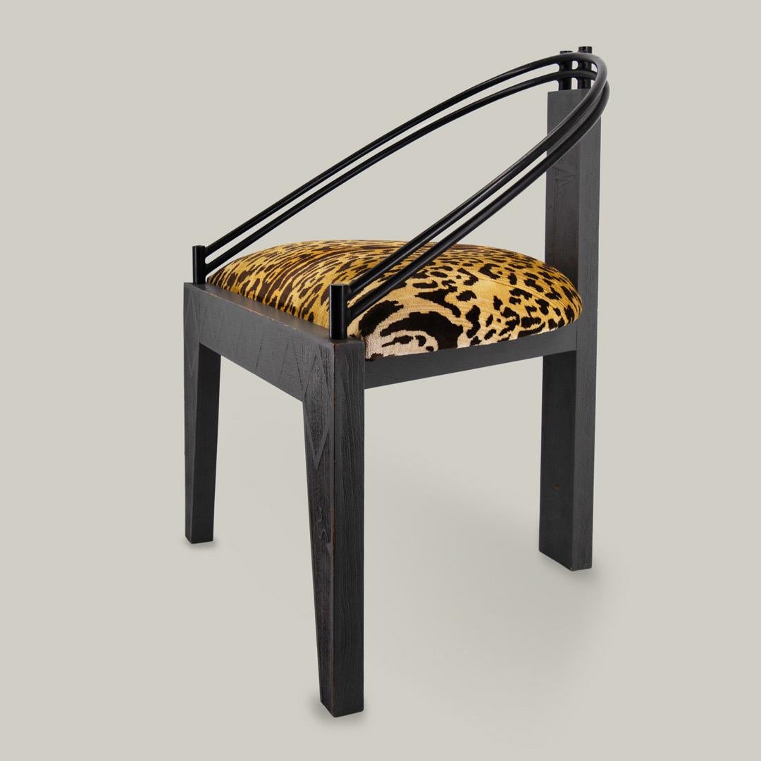 This armchair was designed by Patrice Giraudeau and edited by Libel.

Newly upholstered in leopard velvet from Nobilis by Jérôme Meyzie, “Meilleur Ouvrier de France”.

Stamped “Giraudeau – Tours” under both chairs.
Price is for one, available as a