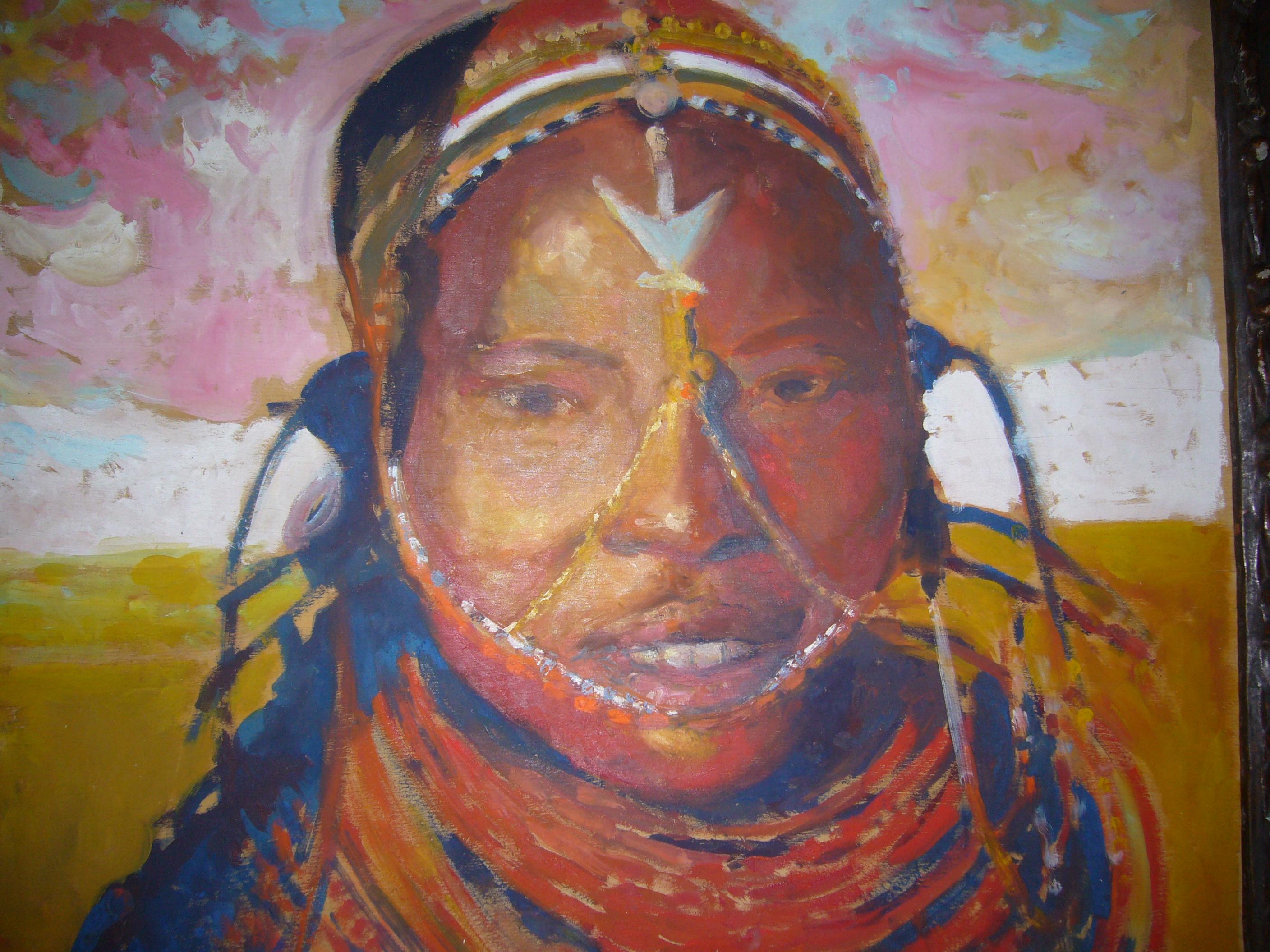 Buste de guerrier Masai - Huile sur panneau, 102x68cm, Bildband (Orange), Portrait Painting, von Patrice Landauer