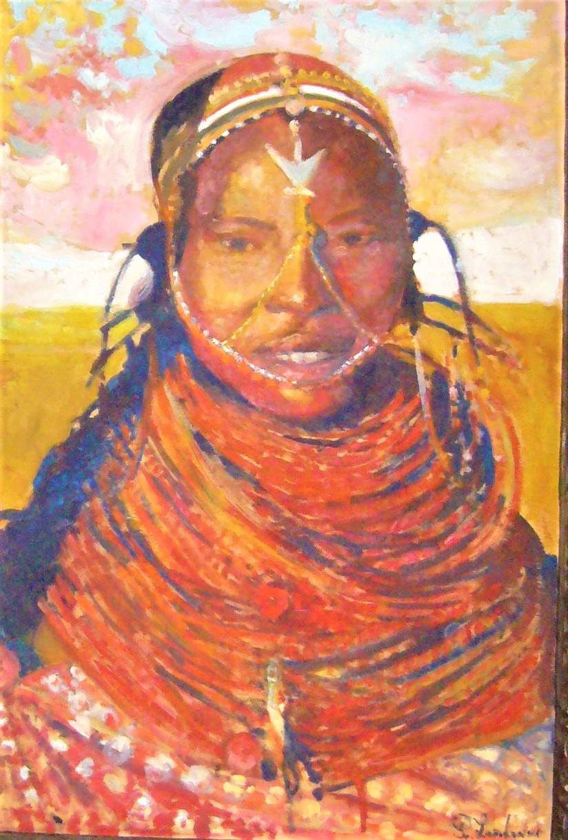 Portrait Painting Patrice Landauer - Buste de guerrier Masai - Huile sur panneau, 102x68 cm, encadrement