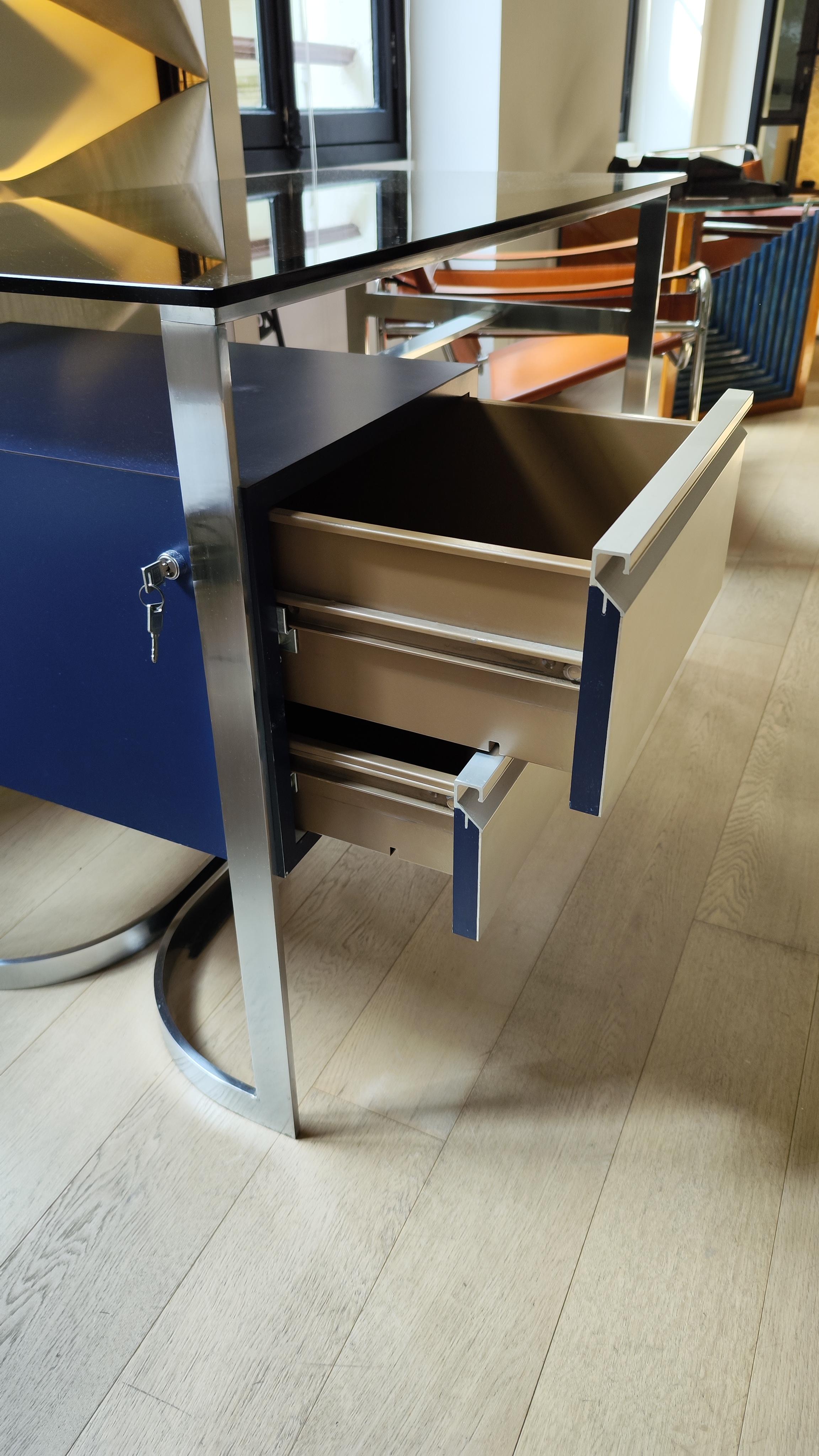Patrice Maffei Desk for Kappa, 70s, Brushed Stainless Steel, Smoked Glass, 1970 For Sale 9