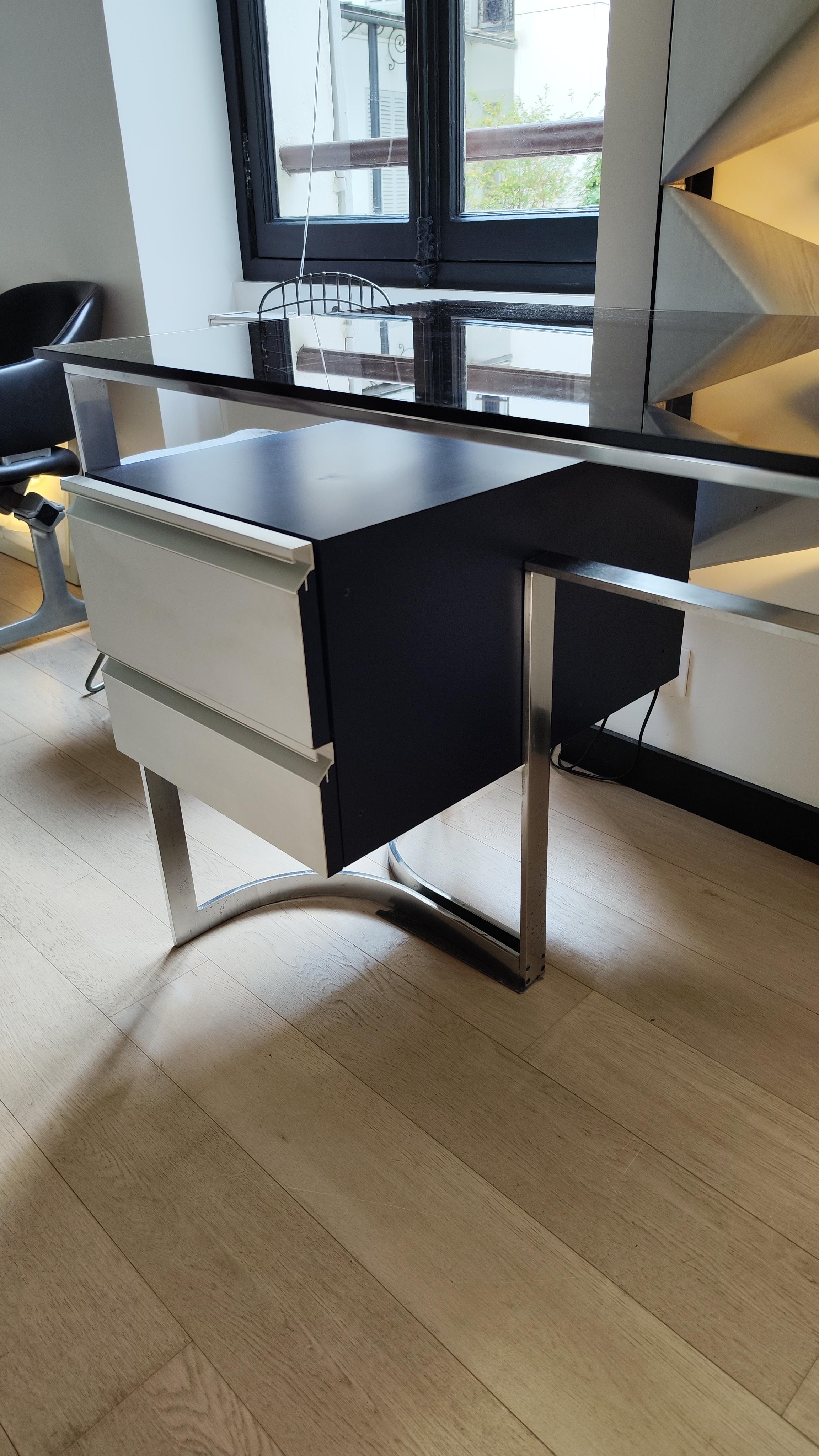 Patrice Maffei Desk for Kappa, 70s, Brushed Stainless Steel, Smoked Glass, 1970 For Sale 11