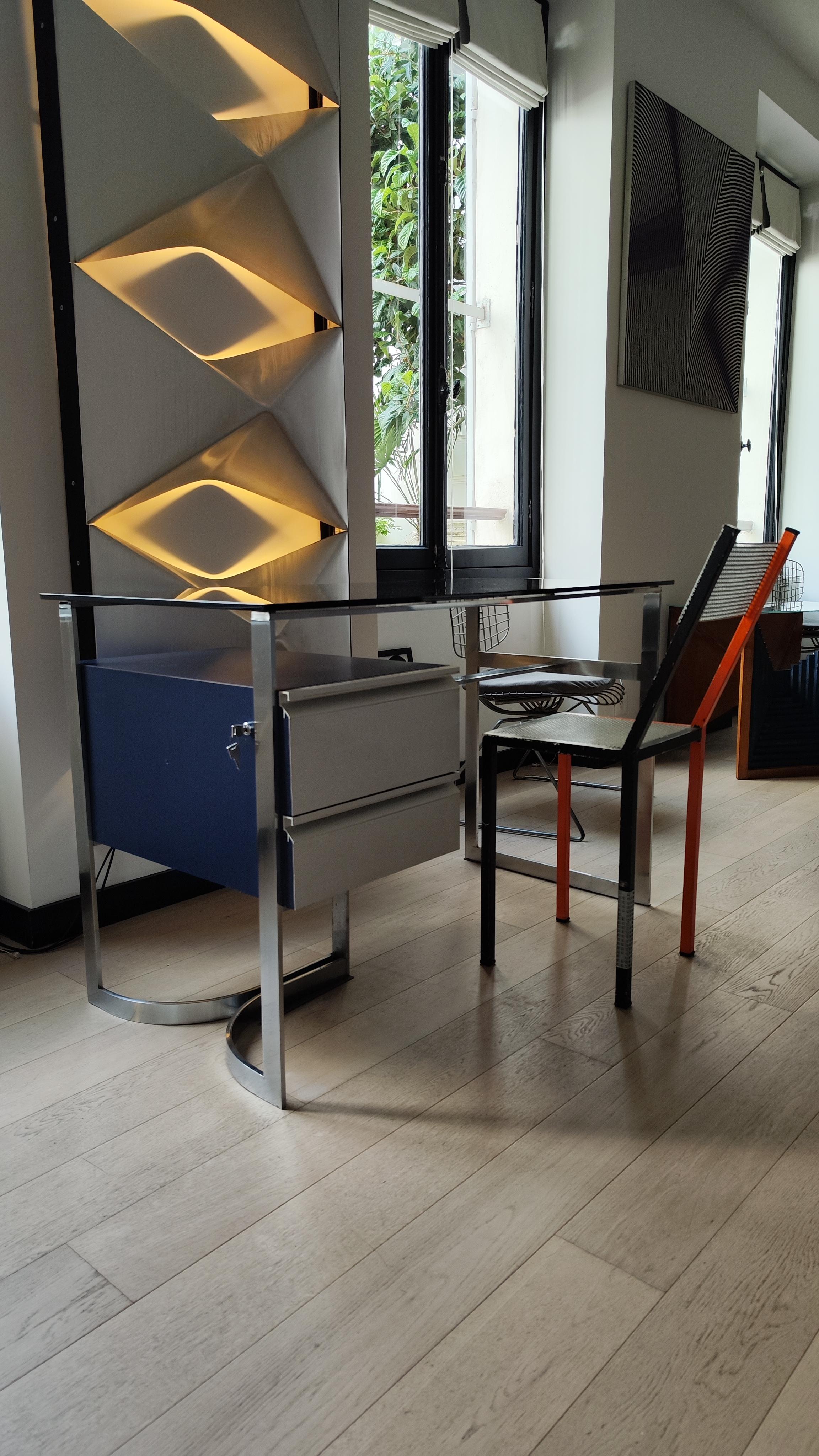 Italian Patrice Maffei Desk for Kappa, 70s, Brushed Stainless Steel, Smoked Glass, 1970 For Sale