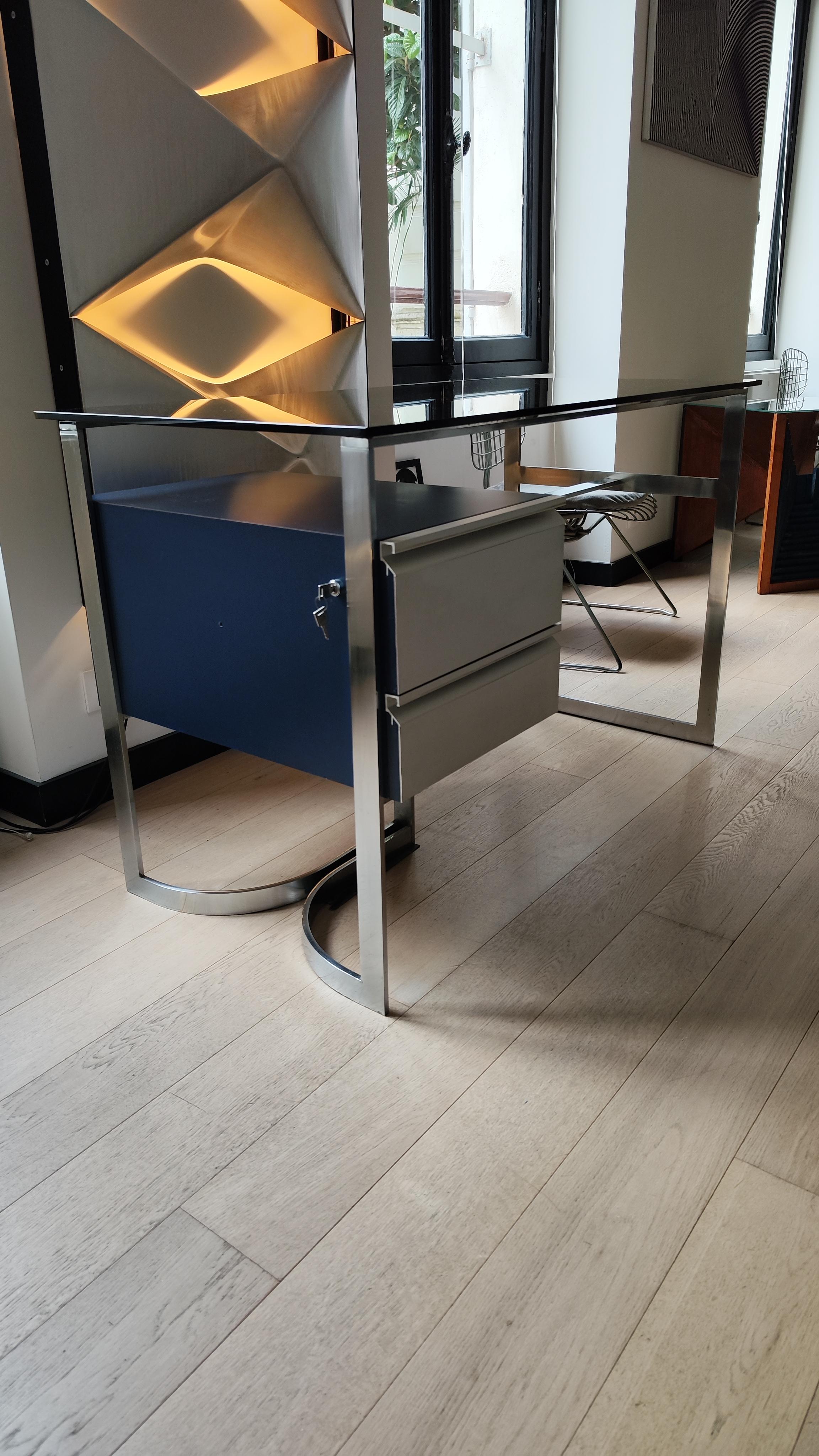 Late 20th Century Patrice Maffei Desk for Kappa, 70s, Brushed Stainless Steel, Smoked Glass, 1970 For Sale