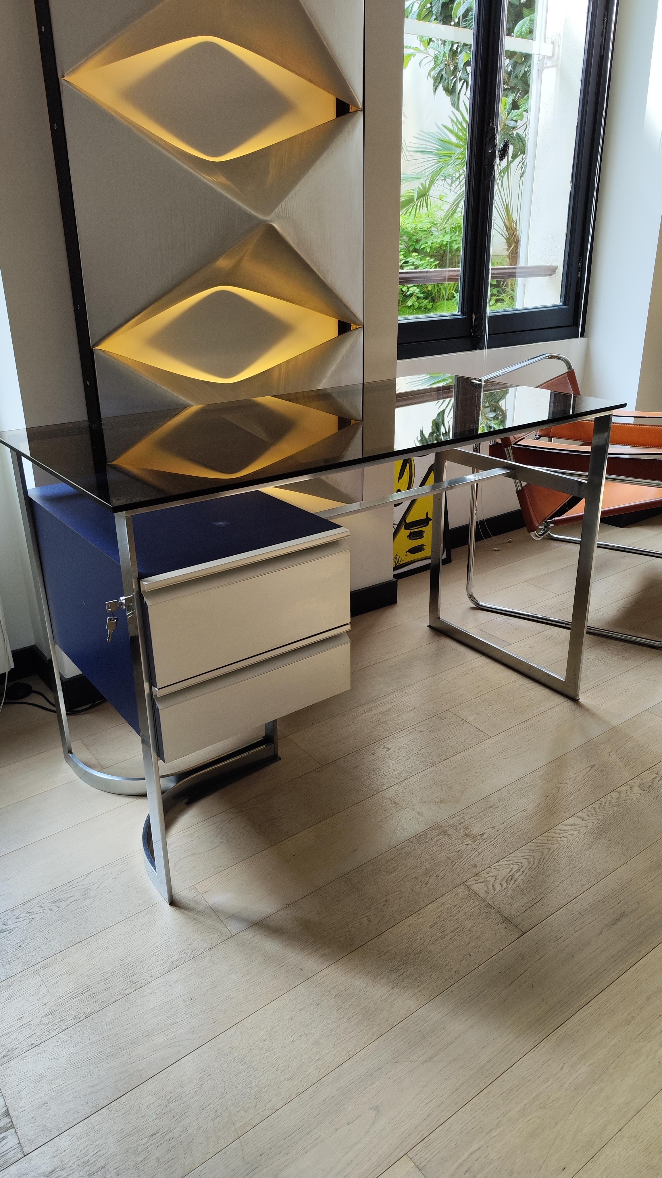 Patrice Maffei Desk for Kappa, 70s, Brushed Stainless Steel, Smoked Glass, 1970 For Sale 4