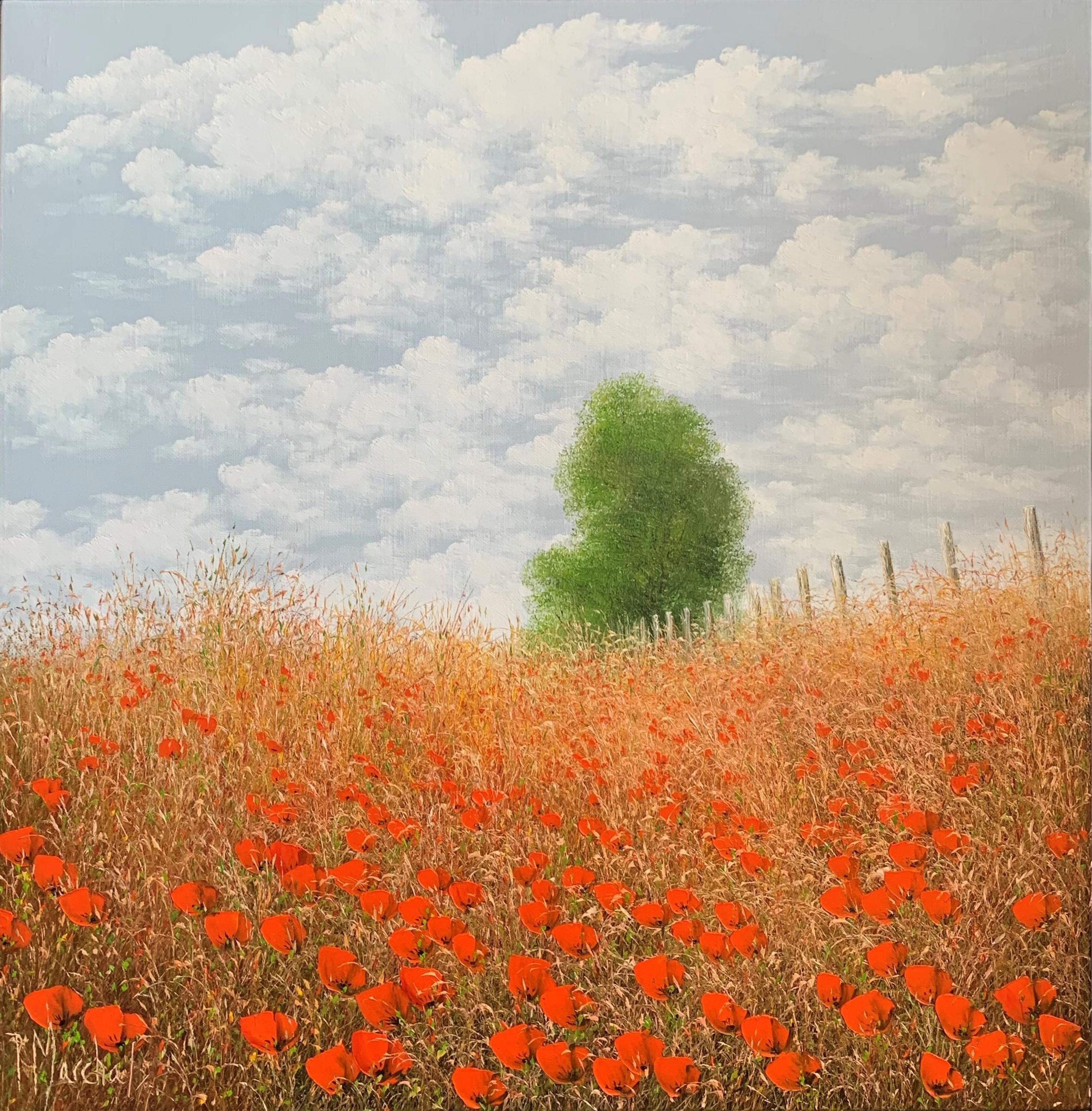 Landscape Painting di Patrice Marchal - "Au milieu des coquelicots", dipinto a olio su tela, dimensioni con cornice 56x56 cm