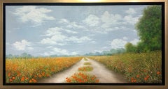 „Chemin de campagne“, Ölgemälde auf Leinwand, Größe mit Rahmen 46x86x4 cm