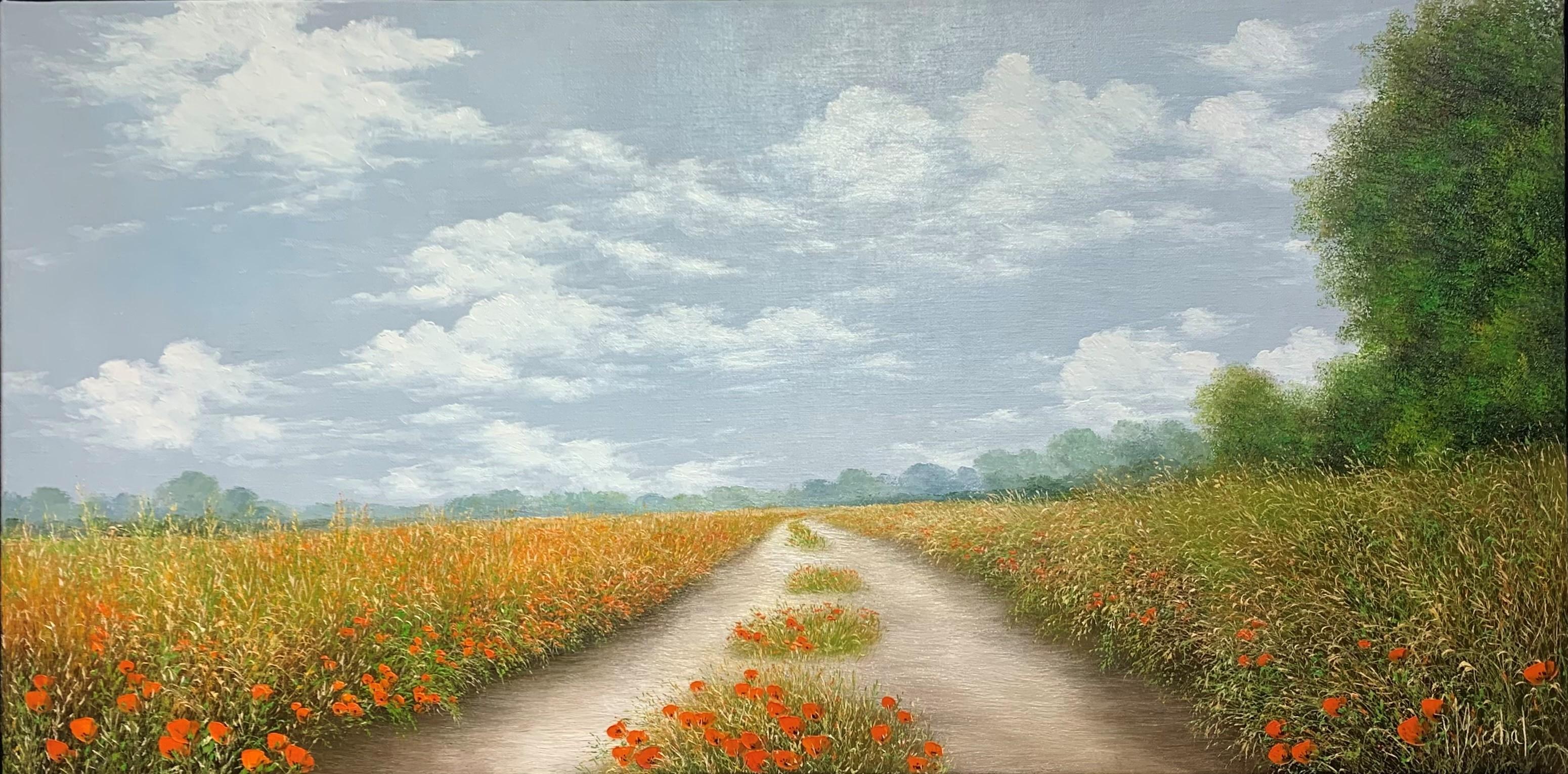 Patrice Marchal Landscape Painting - "Chemin de campagne", oil painting on canvas, size with frame 46x86x4 cm