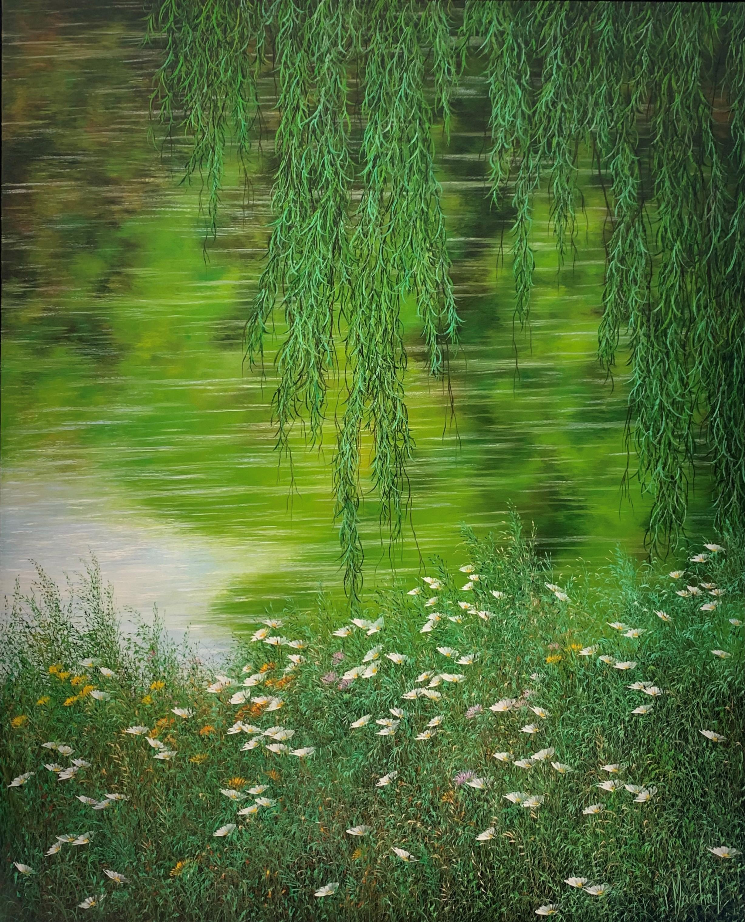 Patrice Marchal Figurative Painting - "Reflets, symphonie de verts", oil painting on canvas, size w/ frame 103x84 cm 