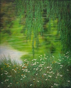 "Reflets, symphonie de verts", oil painting on canvas, size w/ frame 103x84 cm 