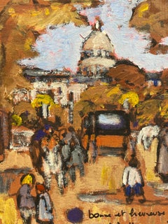 Figures dans la vue d'un parc et d'une ville parisiennes, peinture à l'huile moderniste signée