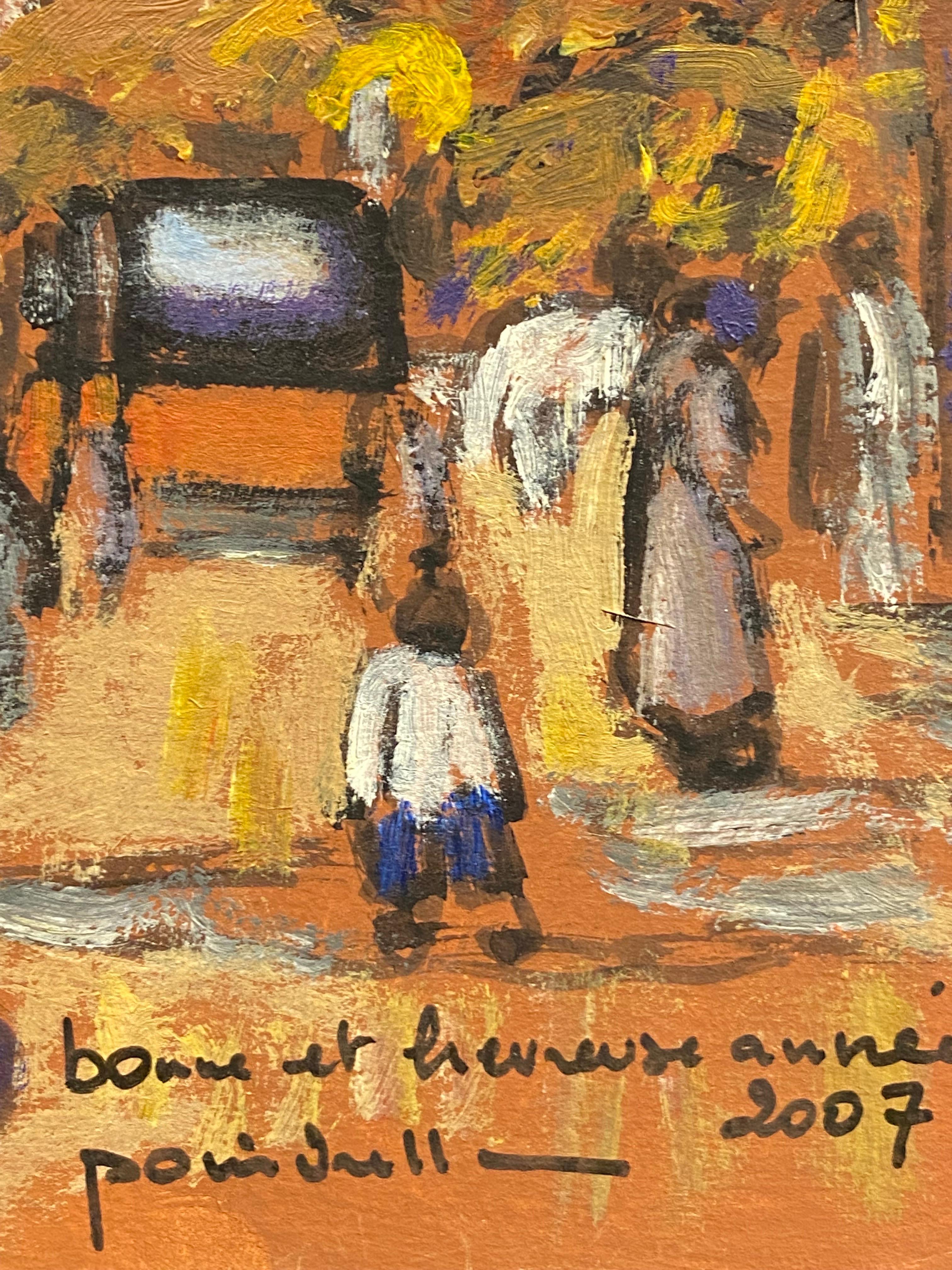 Figures dans la vue d'un parc et d'une ville parisiennes, peinture à l'huile moderniste signée - Impressionnisme Painting par Patrice Poindrelle