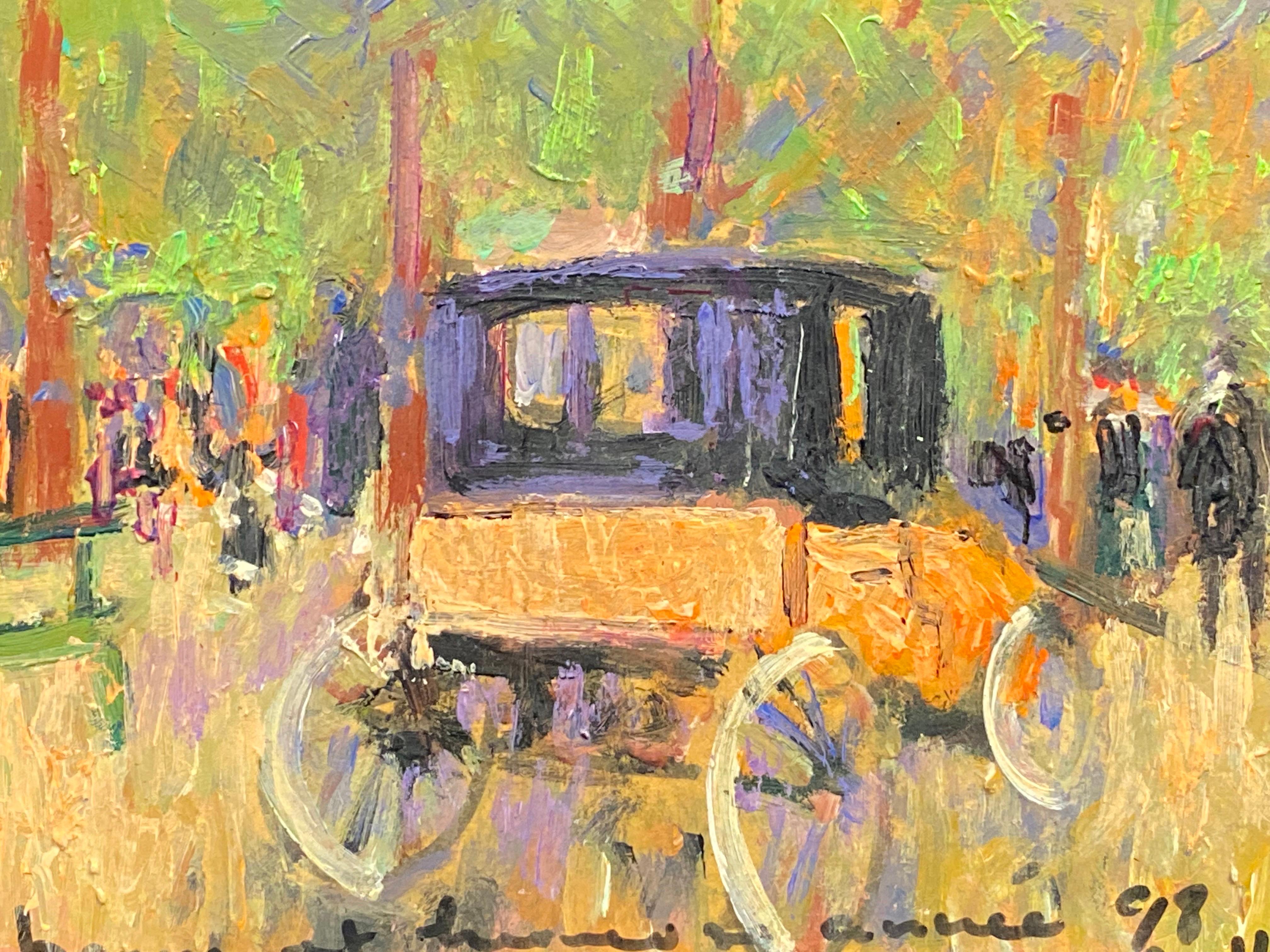 French Impressionist Signed Oil - Carriage in Parisian Park with Figures - Painting by Patrice Poindrelle