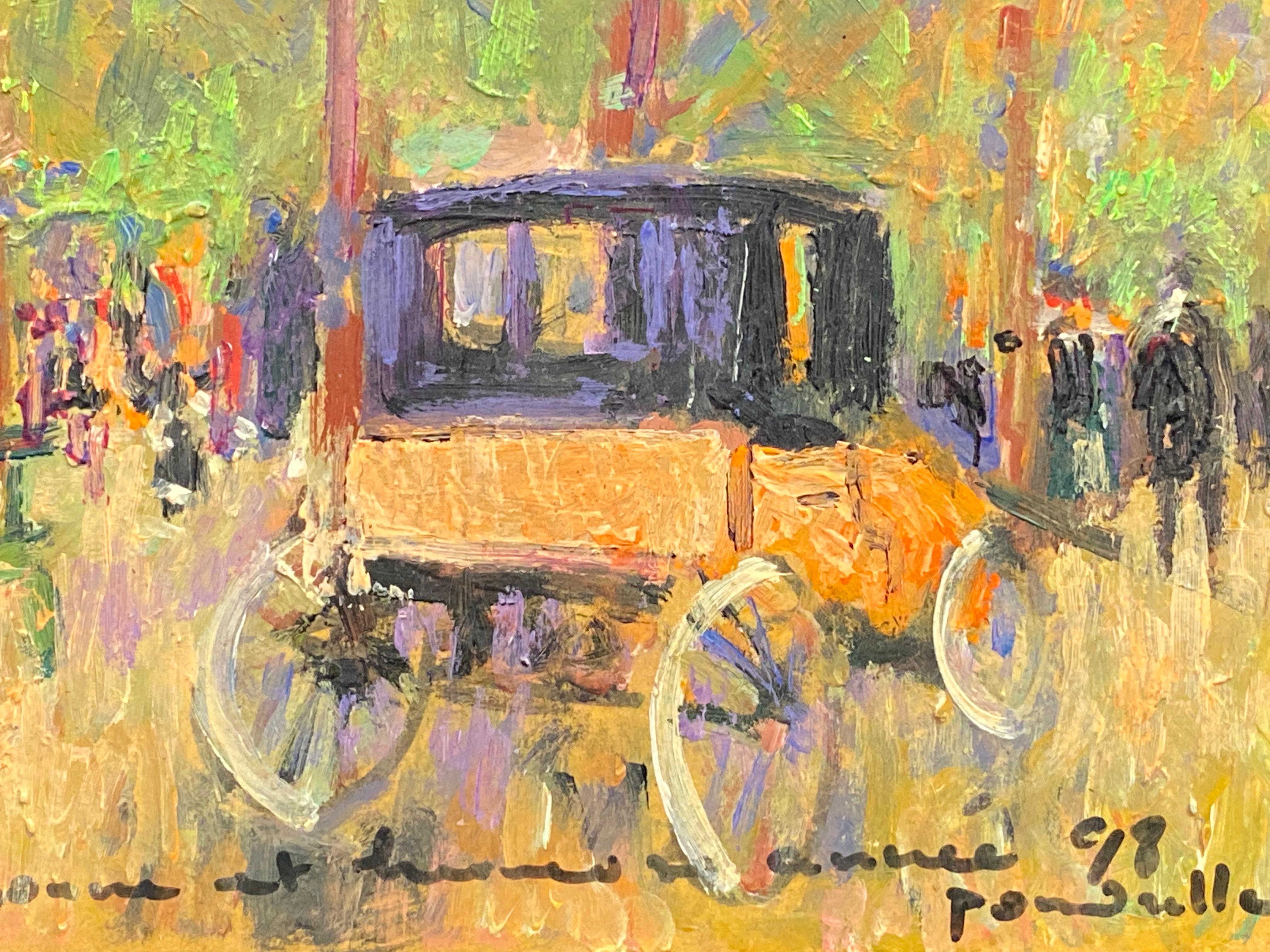French Impressionist Signed Oil - Carriage in Parisian Park with Figures - Beige Figurative Painting by Patrice Poindrelle