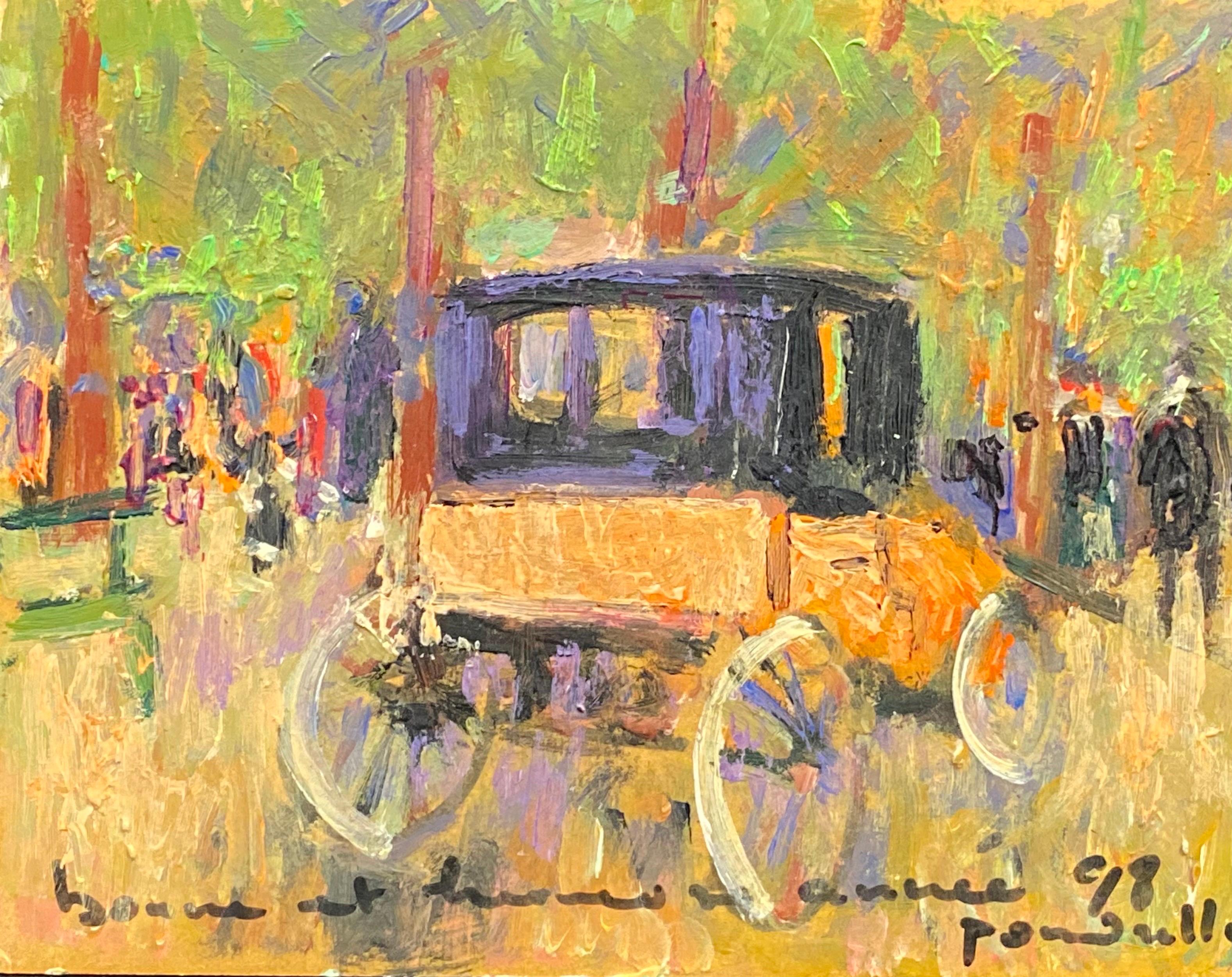 Patrice Poindrelle Figurative Painting - French Impressionist Signed Oil - Carriage in Parisian Park with Figures