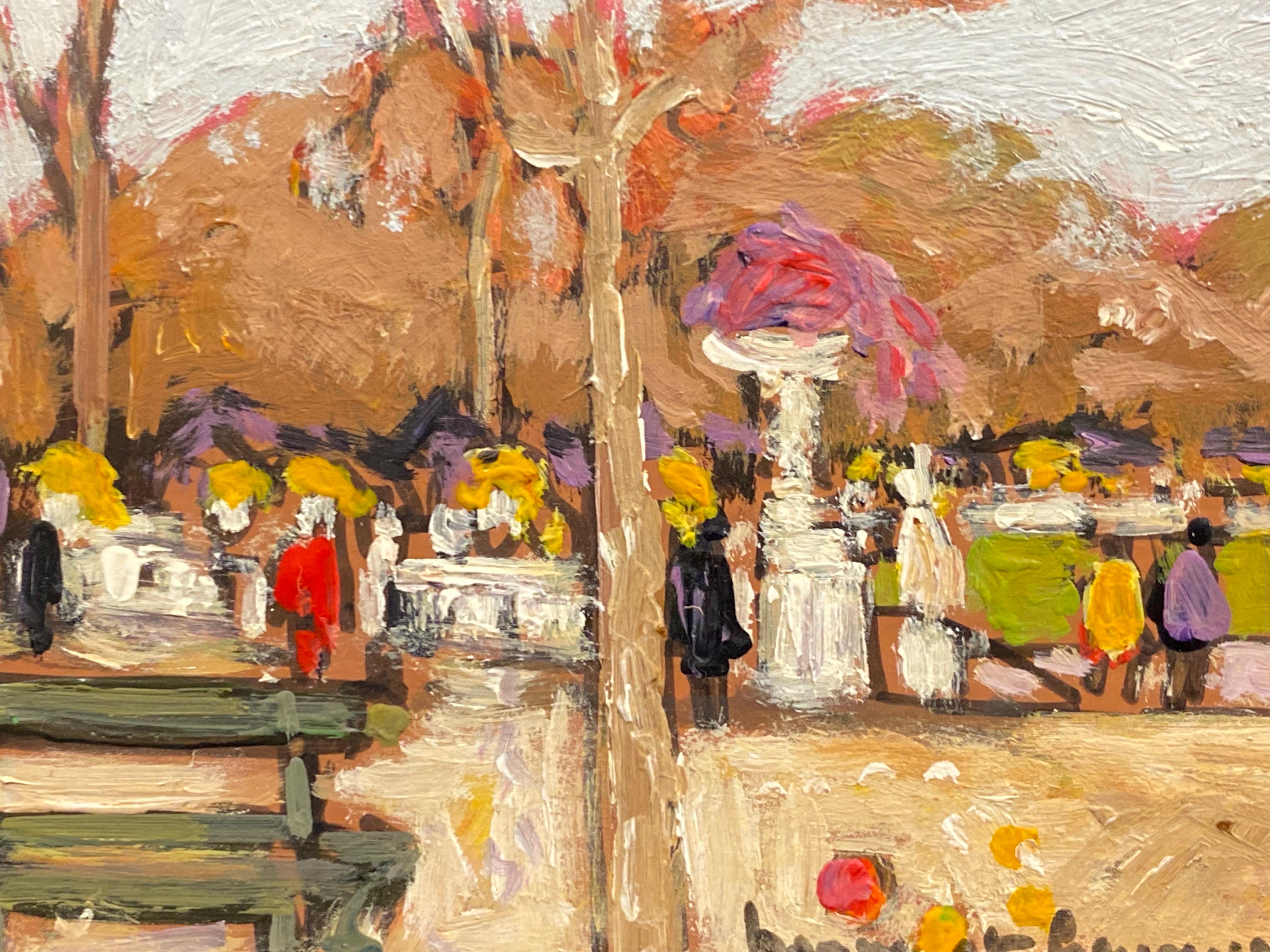 Jardins des Tuileries Paris, Signed French Impressionist oil Busy Scene Figures - Brown Landscape Painting by Patrice Poindrelle
