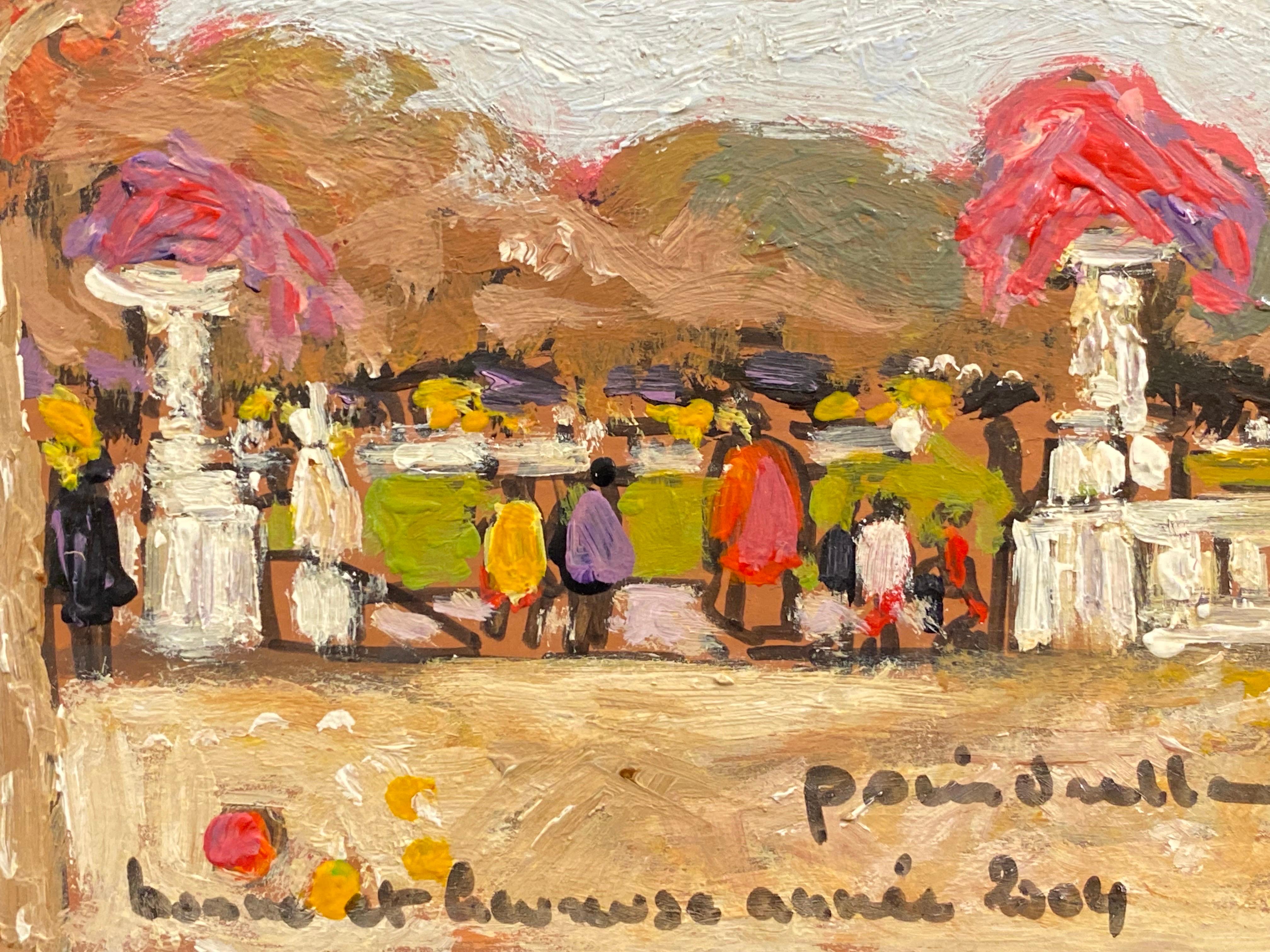 Artist/ School: Patrice Poindrelle (French b. 1954), signed on front and back, inscribed verso, dated 2004.

Title: Jardins des Tulieries, Paris

Medium: oil painting on board, unframed.

Size:  painting: 4 x 7 inches     

Provenance: private