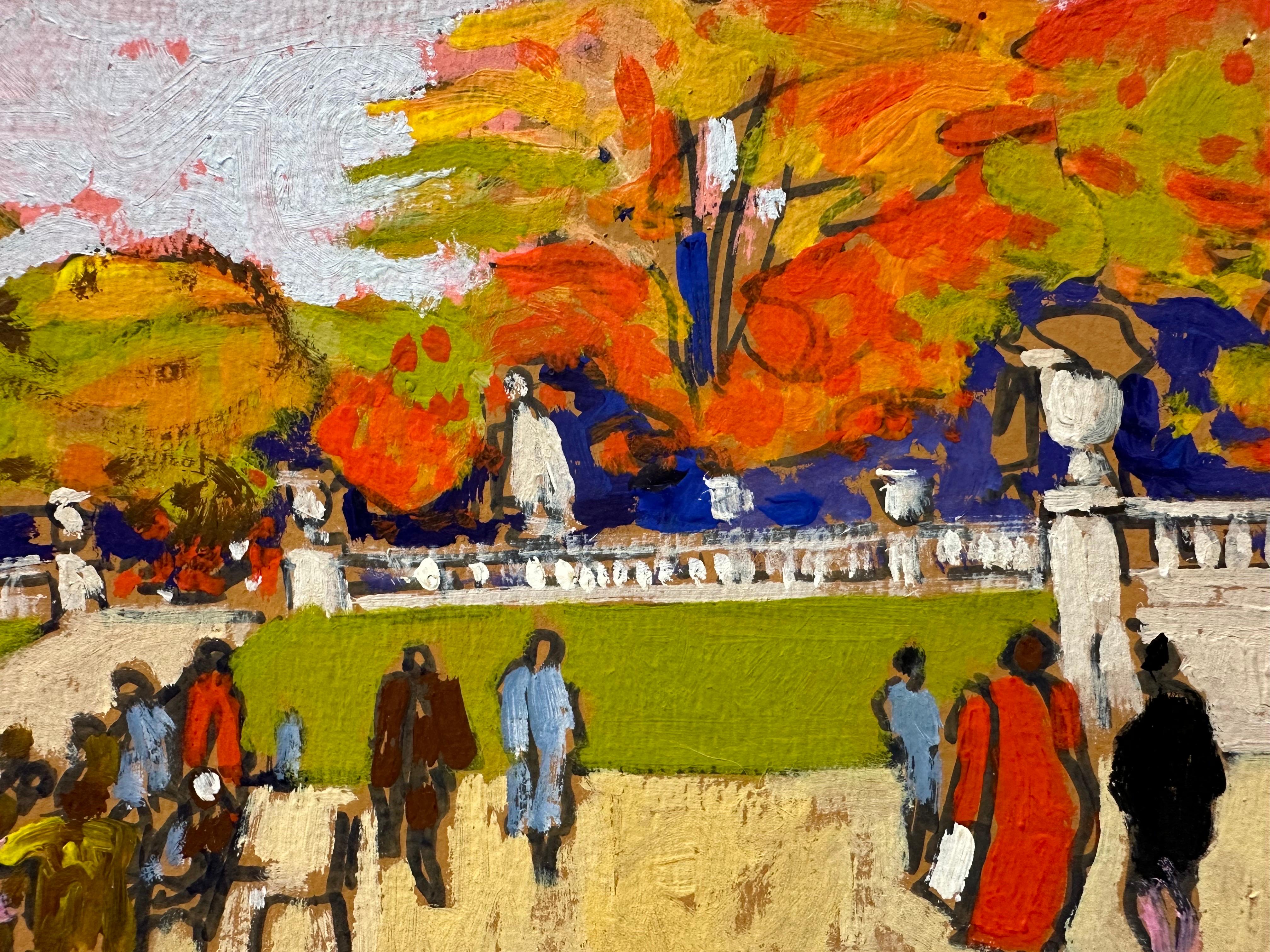 Jardins des Tuileries Paris, Signed French Impressionist oil Busy Scene Figures For Sale 1