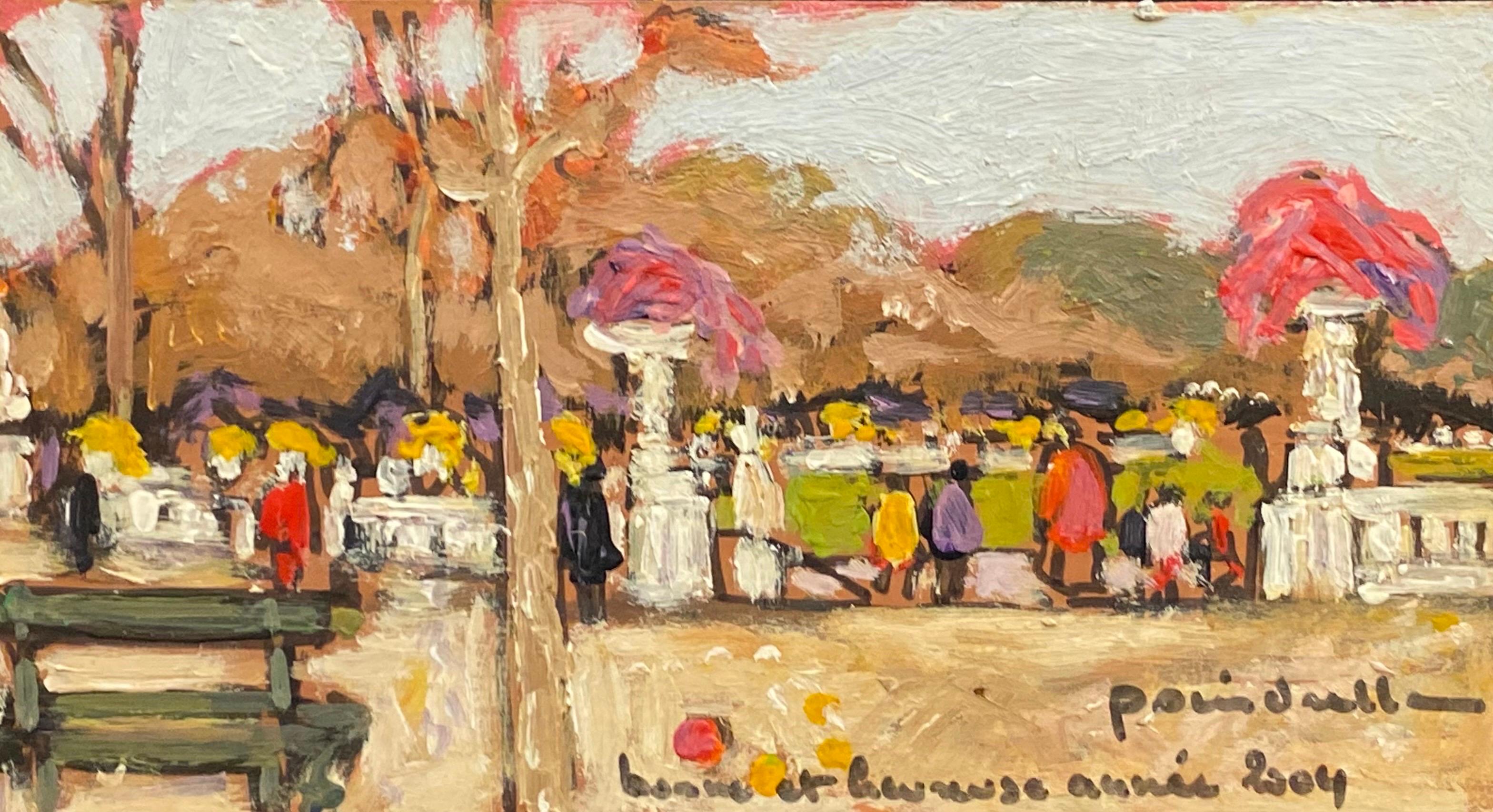 Patrice Poindrelle Landscape Painting - Jardins des Tuileries Paris, Signed French Impressionist oil Busy Scene Figures