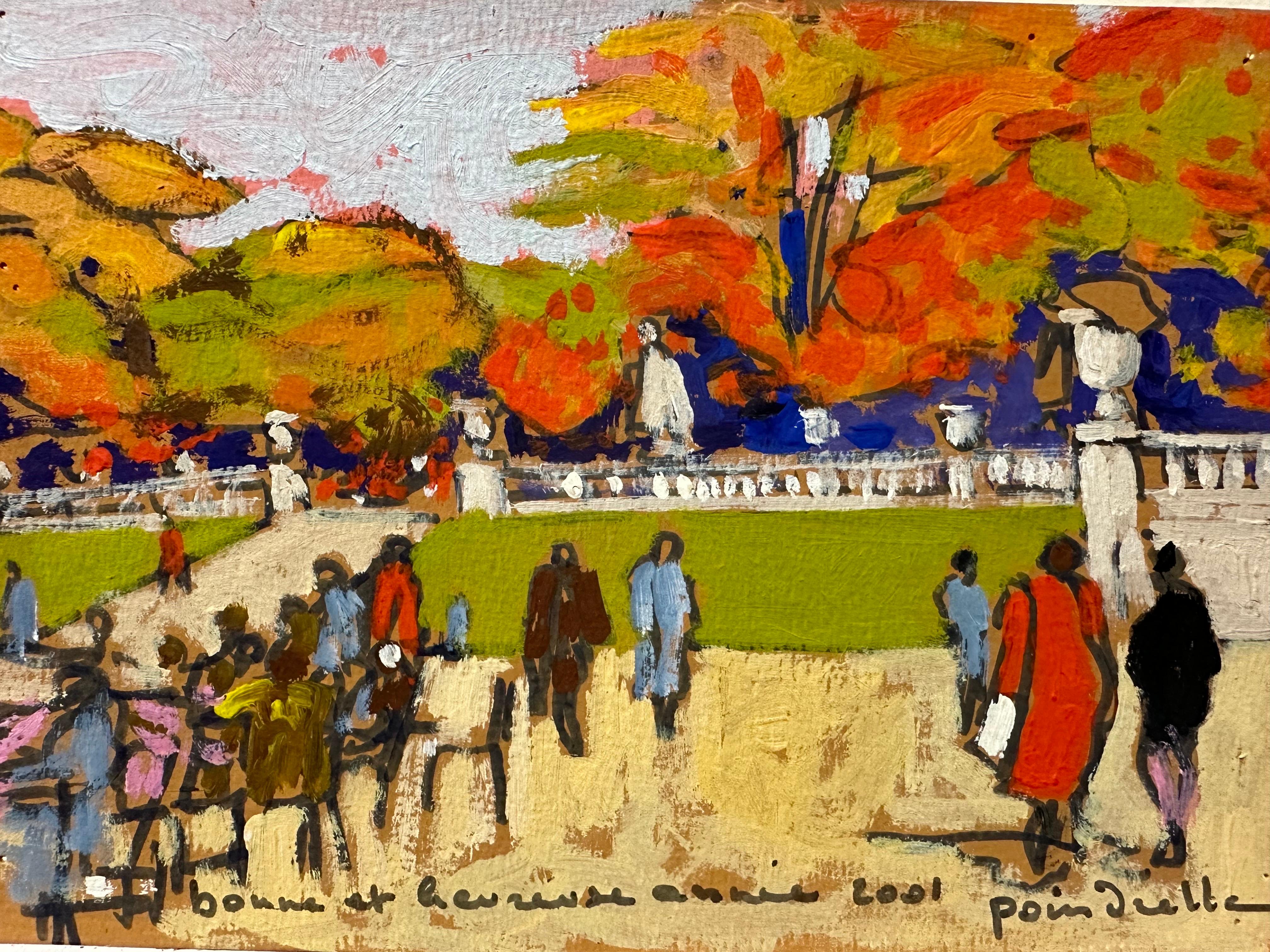 Patrice Poindrelle Figurative Painting - Jardins des Tuileries Paris, Signed French Impressionist oil Busy Scene Figures