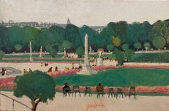 Jardins des Tuileries Paris, Signed French Impressionist oil Busy Scene Figures