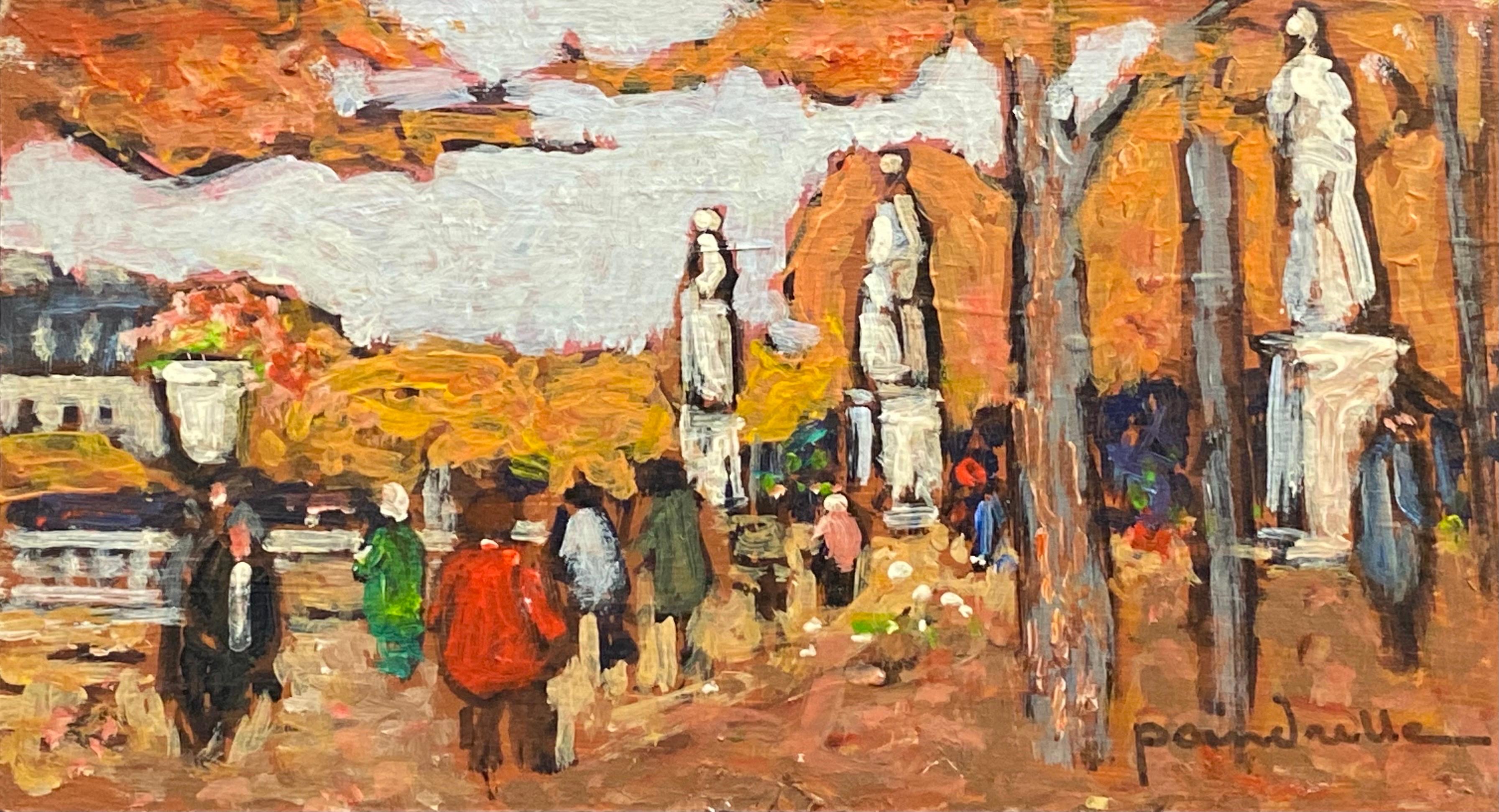 Patrice Poindrelle Landscape Painting - Parisian Busy Park in Autumn, Signed French Impressionist Oil 