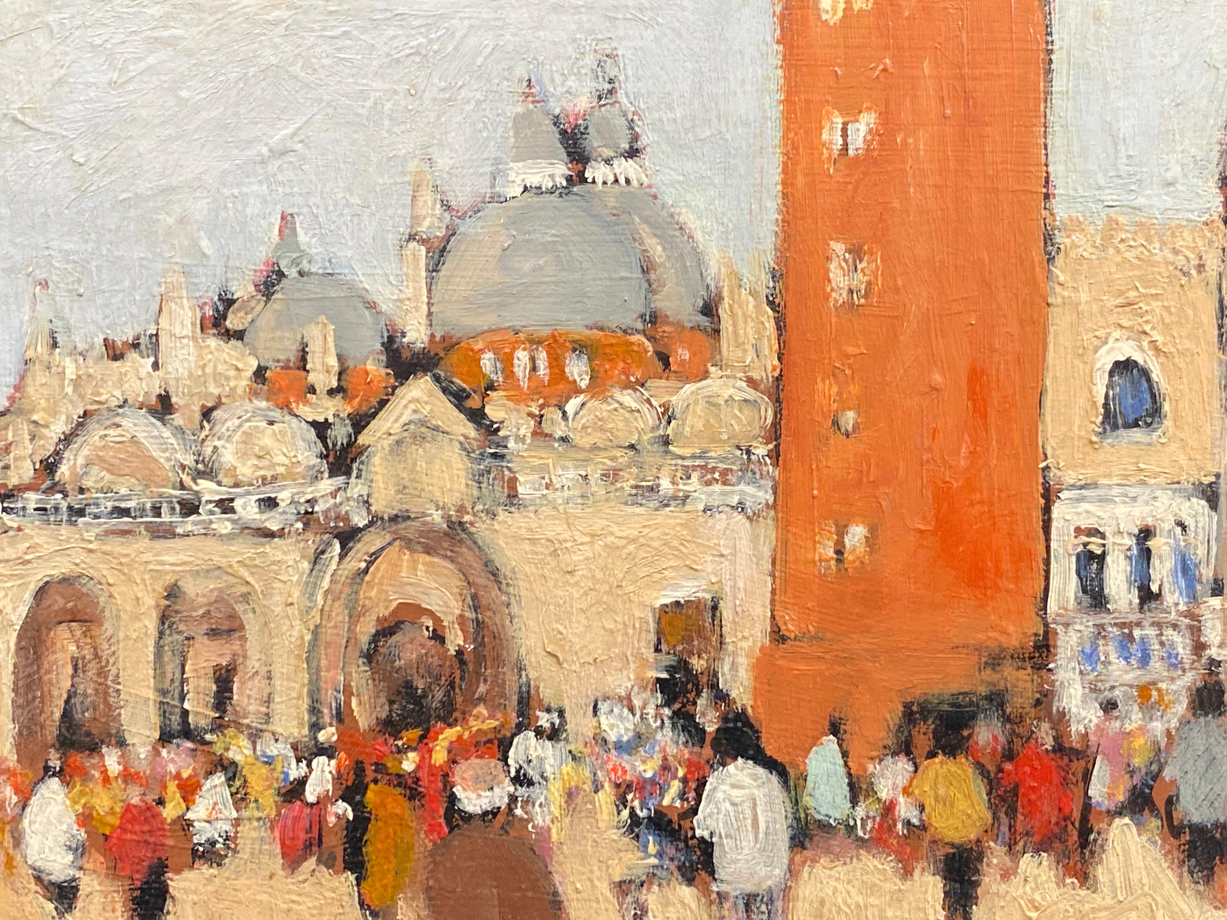 Piazza San Marco Venice, Busy Figures in Square, Signed French oil  - Painting by Patrice Poindrelle
