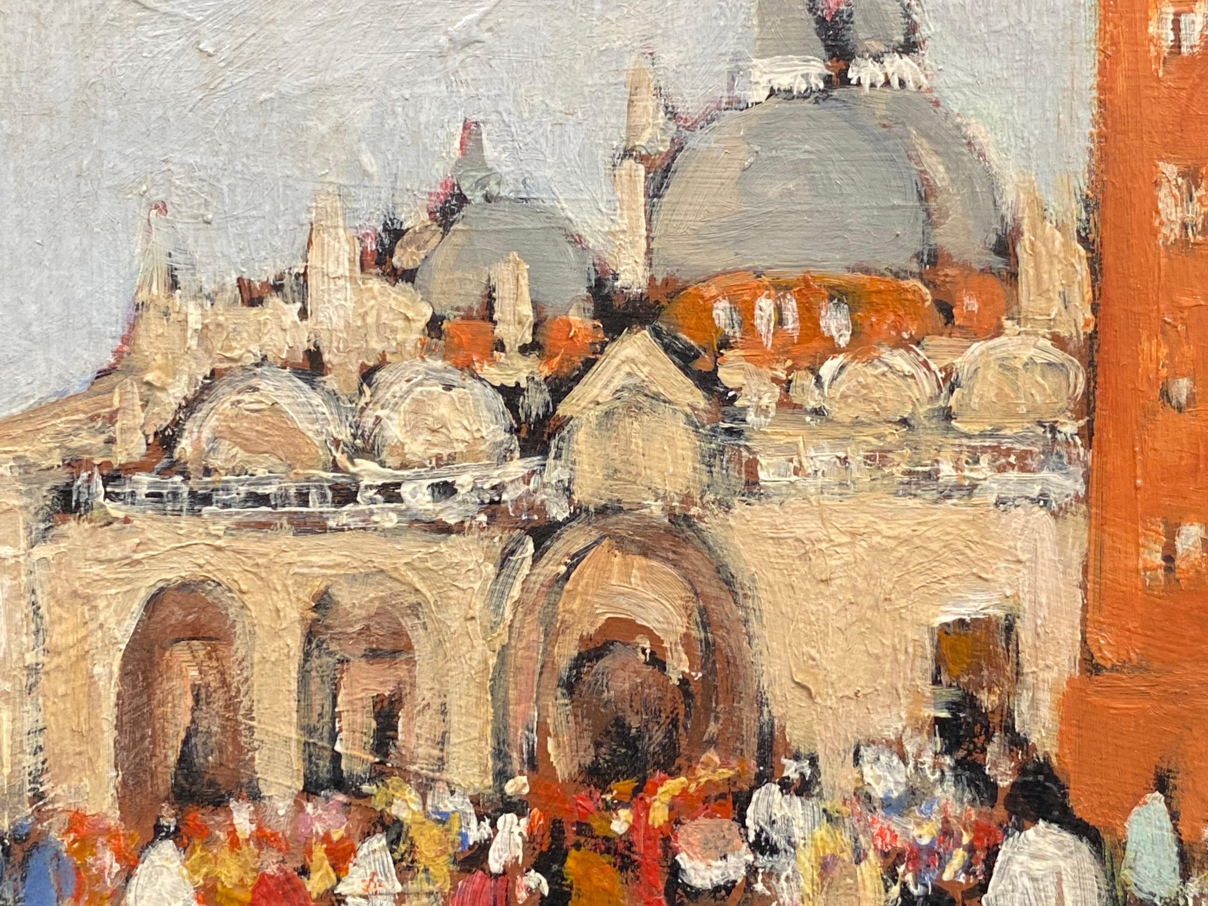 Piazza San Marco Venice, Busy Figures in Square, Signed French oil  - Impressionist Painting by Patrice Poindrelle