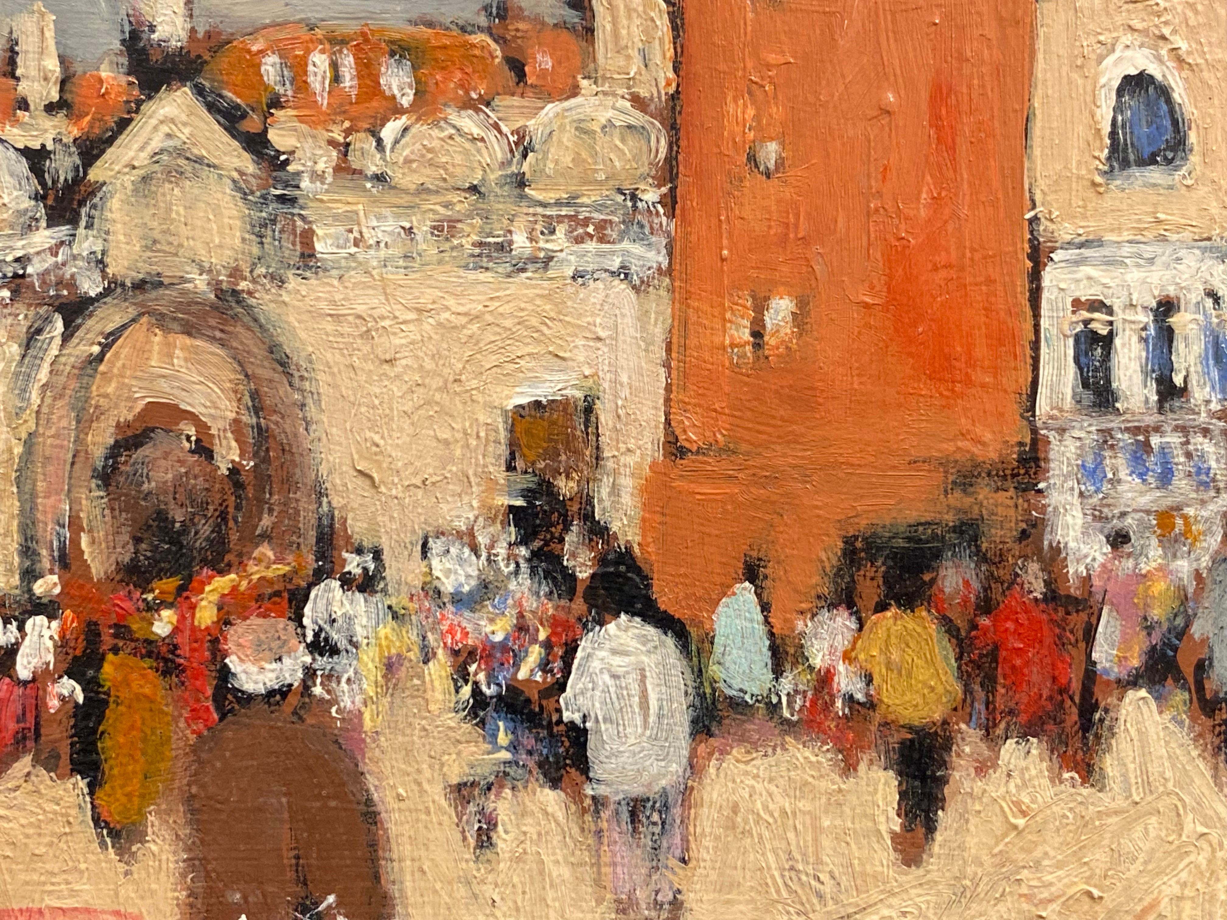 Piazza San Marco Venice, Busy Figures in Square, Signed French oil  - Beige Landscape Painting by Patrice Poindrelle