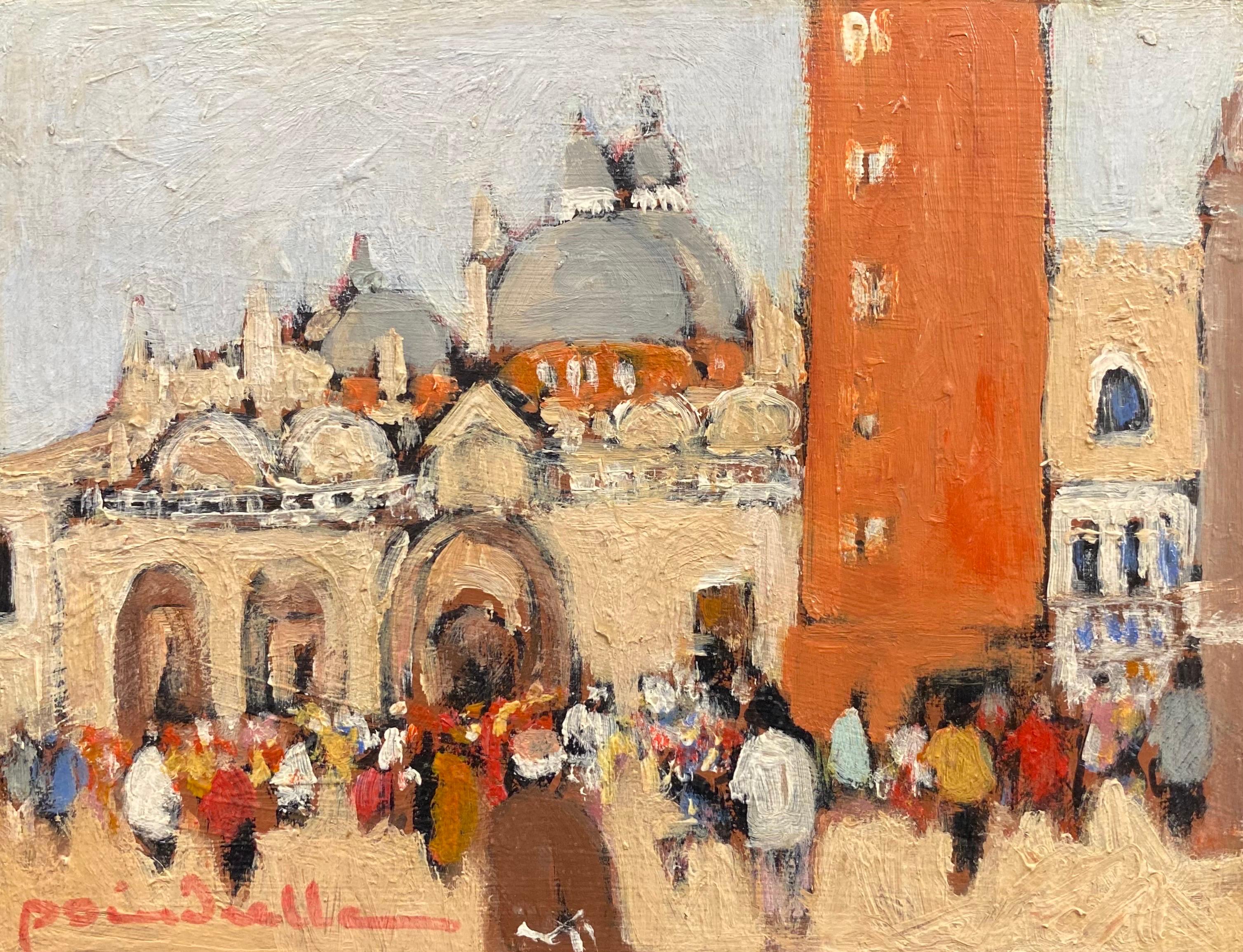 Patrice Poindrelle Landscape Painting - Piazza San Marco Venice, Busy Figures in Square, Signed French oil 