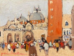 Piazza San Marco Venice, Busy Figures in Square, Signed French oil 